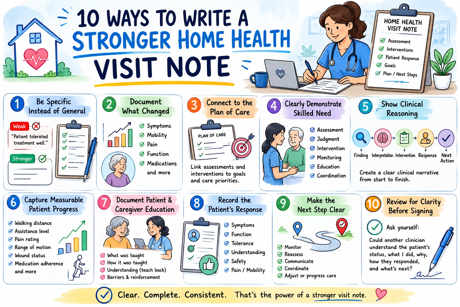 Infographic of 10 ways to write a stronger home health visit note: be specific, document what changed, connect to the plan of care, demonstrate skilled need, show clinical reasoning, capture measurable progress, document education, record patient response, make the next step clear, and review for clarity before signing. Infographic of 10 ways to write a stronger home health visit note: be specific, document what changed, connect to the plan of care, demonstrate skilled need, show clinical reasoning, capture measurable progress, document education, record patient response, make the next step clear, and review for clarity before signing.
