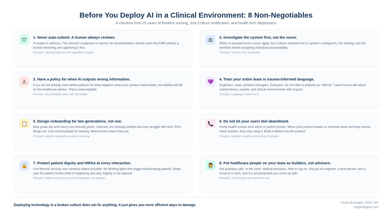 Eight non-negotiables before you deploy AI in a clinical environment, from a Just Culture and trauma-informed nurse consultant