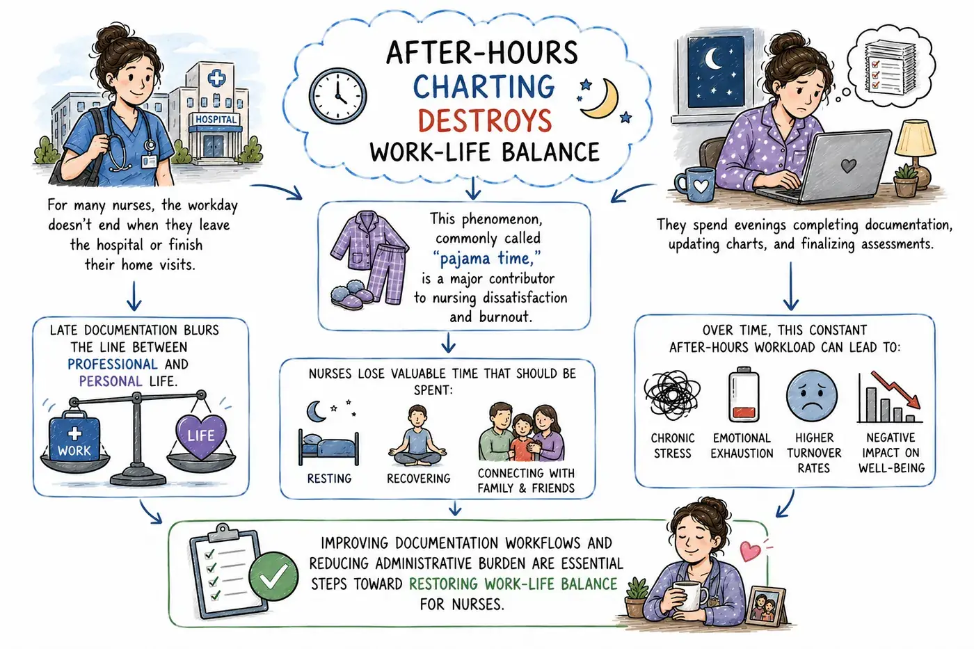 After-hours charting destroys work-life balance: the workday doesn't end when nurses leave, and finishing documentation at home, known as pajama time, blurs professional and personal life and leads to chronic stress, emotional exhaustion, and higher turnover