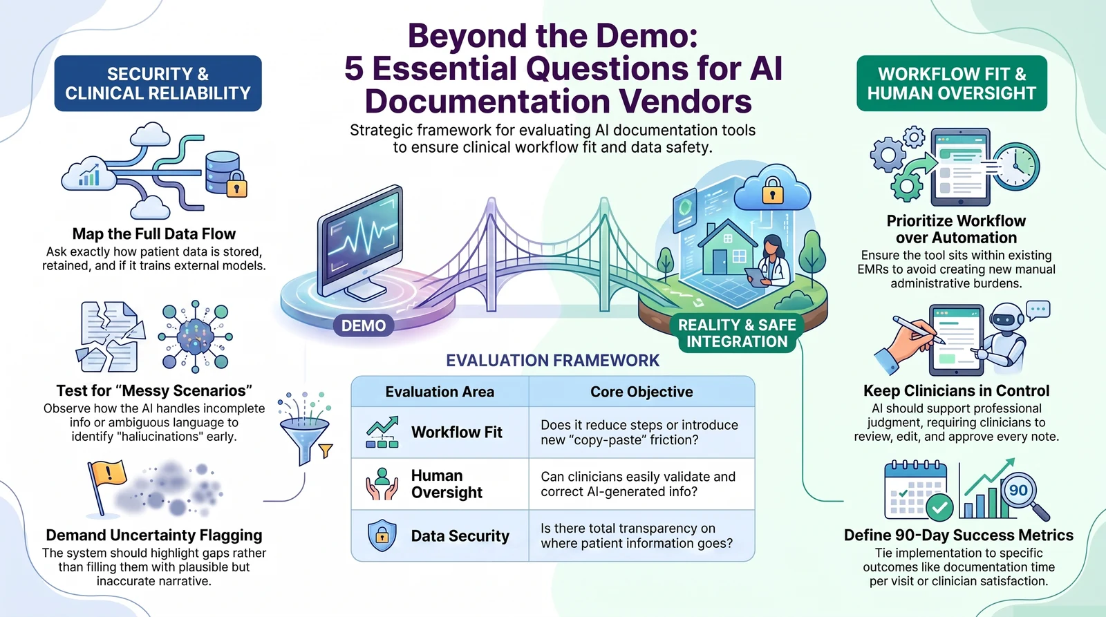 Infographic titled Beyond the Demo: 5 essential questions for AI documentation vendors, covering security and clinical reliability (map the full data flow, test messy scenarios, demand uncertainty flagging), workflow fit and human oversight (prioritize workflow over automation, keep clinicians in control, define 90-day success metrics), and an evaluation framework table for workflow fit, human oversight, and data security. Infographic titled Beyond the Demo: 5 essential questions for AI documentation vendors, covering security and clinical reliability (map the full data flow, test messy scenarios, demand uncertainty flagging), workflow fit and human oversight (prioritize workflow over automation, keep clinicians in control, define 90-day success metrics), and an evaluation framework table for workflow fit, human oversight, and data security.