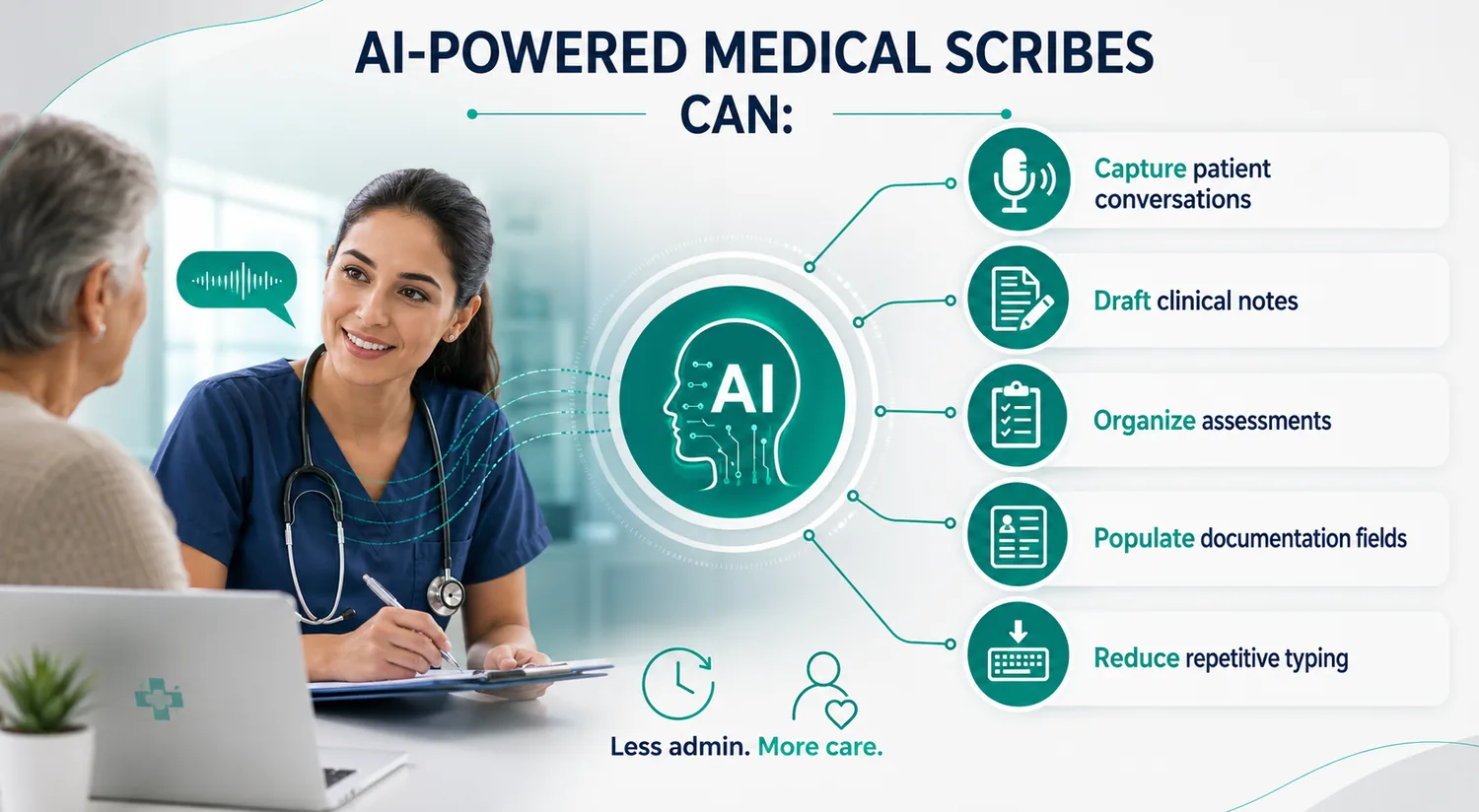 AI-powered medical scribes can capture patient conversations, draft clinical notes, organize assessments, populate documentation fields, and reduce repetitive typing, meaning less admin and more care AI-powered medical scribes can capture patient conversations, draft clinical notes, organize assessments, populate documentation fields, and reduce repetitive typing, meaning less admin and more care
