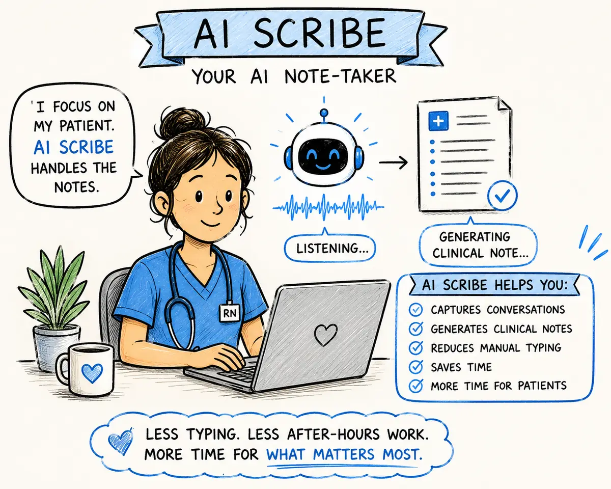 AI Scribe, your AI note-taker: listens, generates a clinical note, captures conversations, reduces manual typing, and saves time