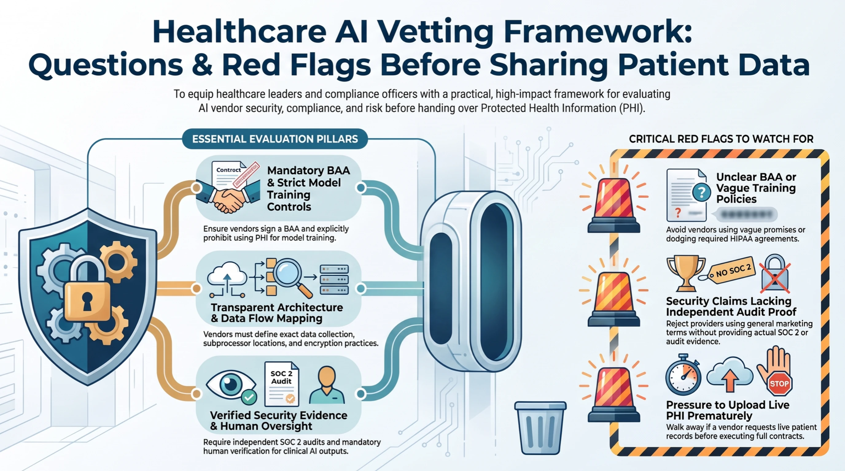 Healthcare AI vendor evaluation framework covering business associate agreements, model training controls, data flows, security evidence, human oversight, and warning signs before sharing patient data.