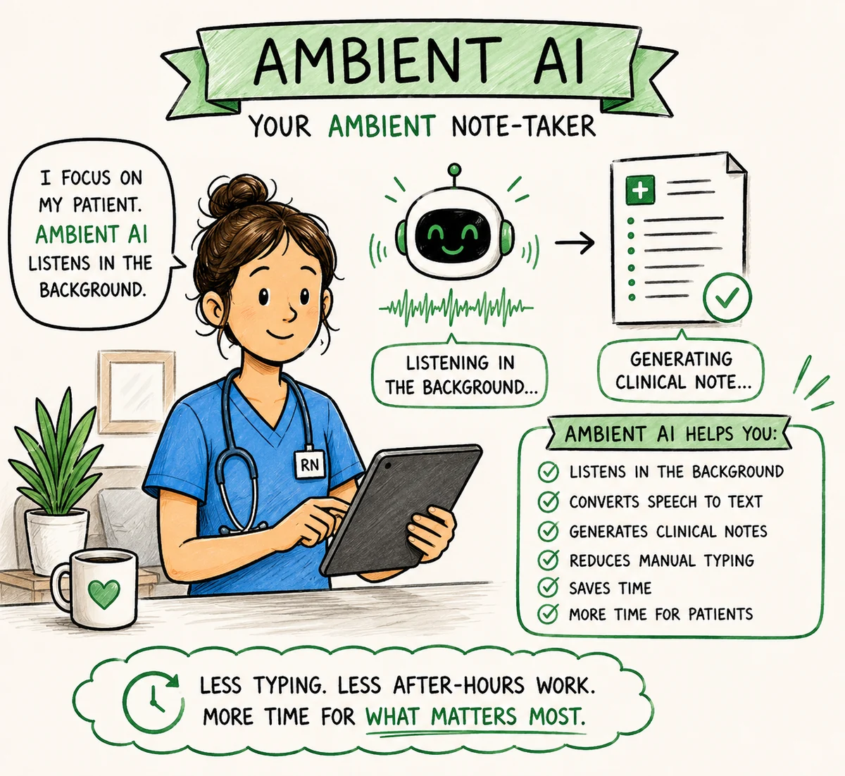 Illustration of ambient AI as a nurse's note-taker: it listens in the background, converts speech to text, generates clinical notes, reduces manual typing, and saves time for patients.
