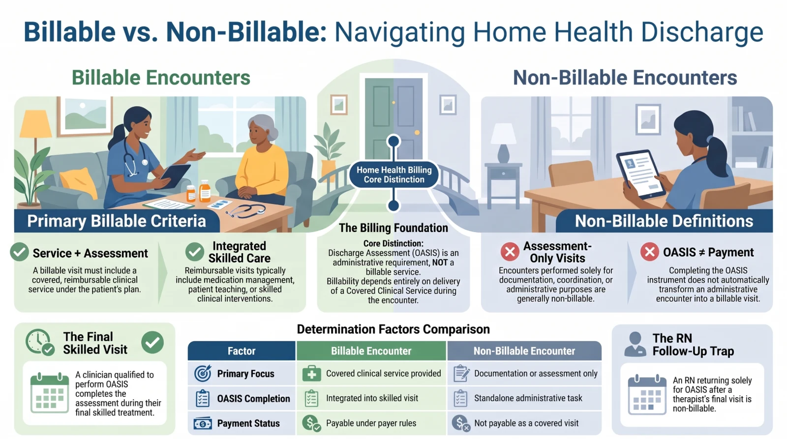 Billable versus non-billable home health discharge comparison showing covered service criteria, discharge OASIS assessment requirements, payment status, and the non-billable RN follow-up example. Billable versus non-billable home health discharge comparison showing covered service criteria, discharge OASIS assessment requirements, payment status, and the non-billable RN follow-up example.