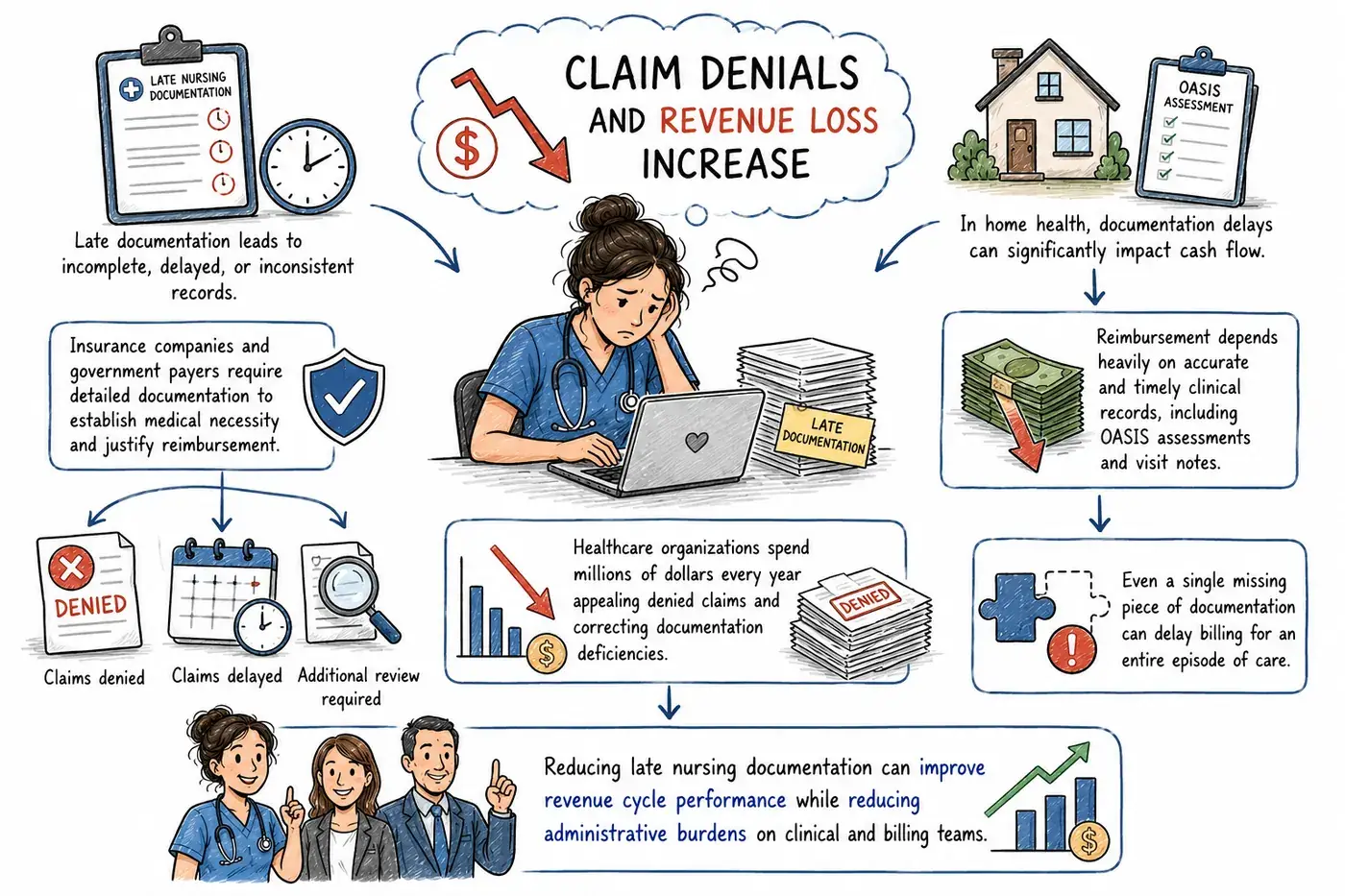 Claim denials and revenue loss increase with late documentation: incomplete or delayed records lead to denied, delayed, or additionally reviewed claims, and in home health, a single missing piece of documentation can delay billing for an entire episode of care