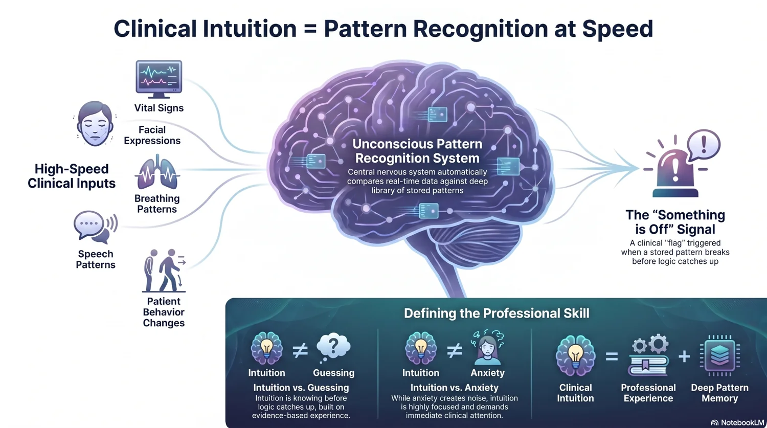 Clinical intuition as pattern recognition at speed: high-speed clinical inputs feed an unconscious pattern recognition system that fires a something-is-off signal