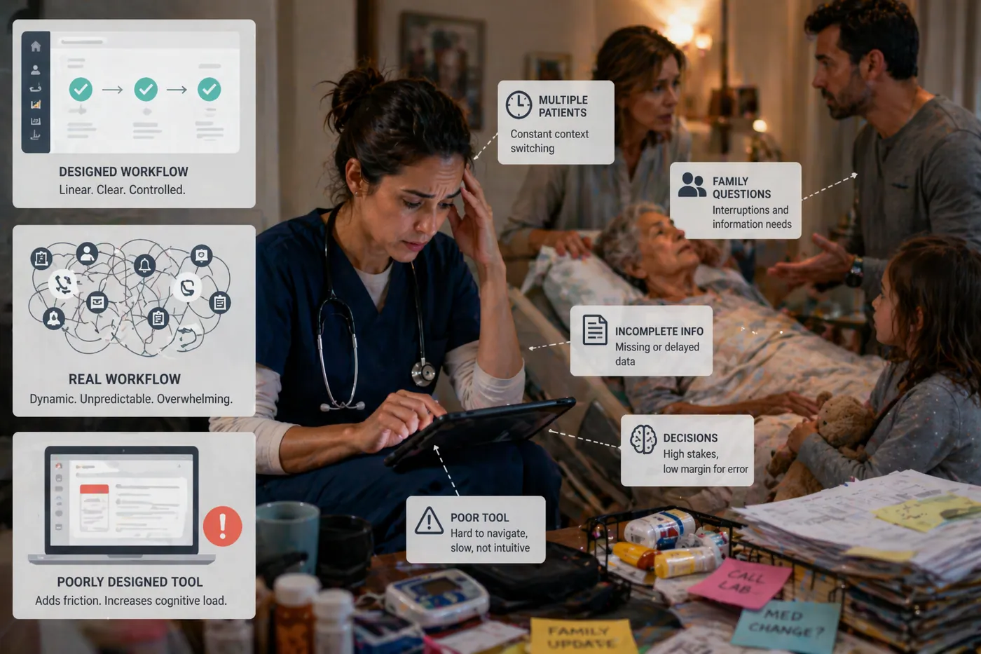 Designed workflow is linear, clear, and controlled, but the real workflow is dynamic, unpredictable, and overwhelming, and a poorly designed tool adds friction and increases cognitive load