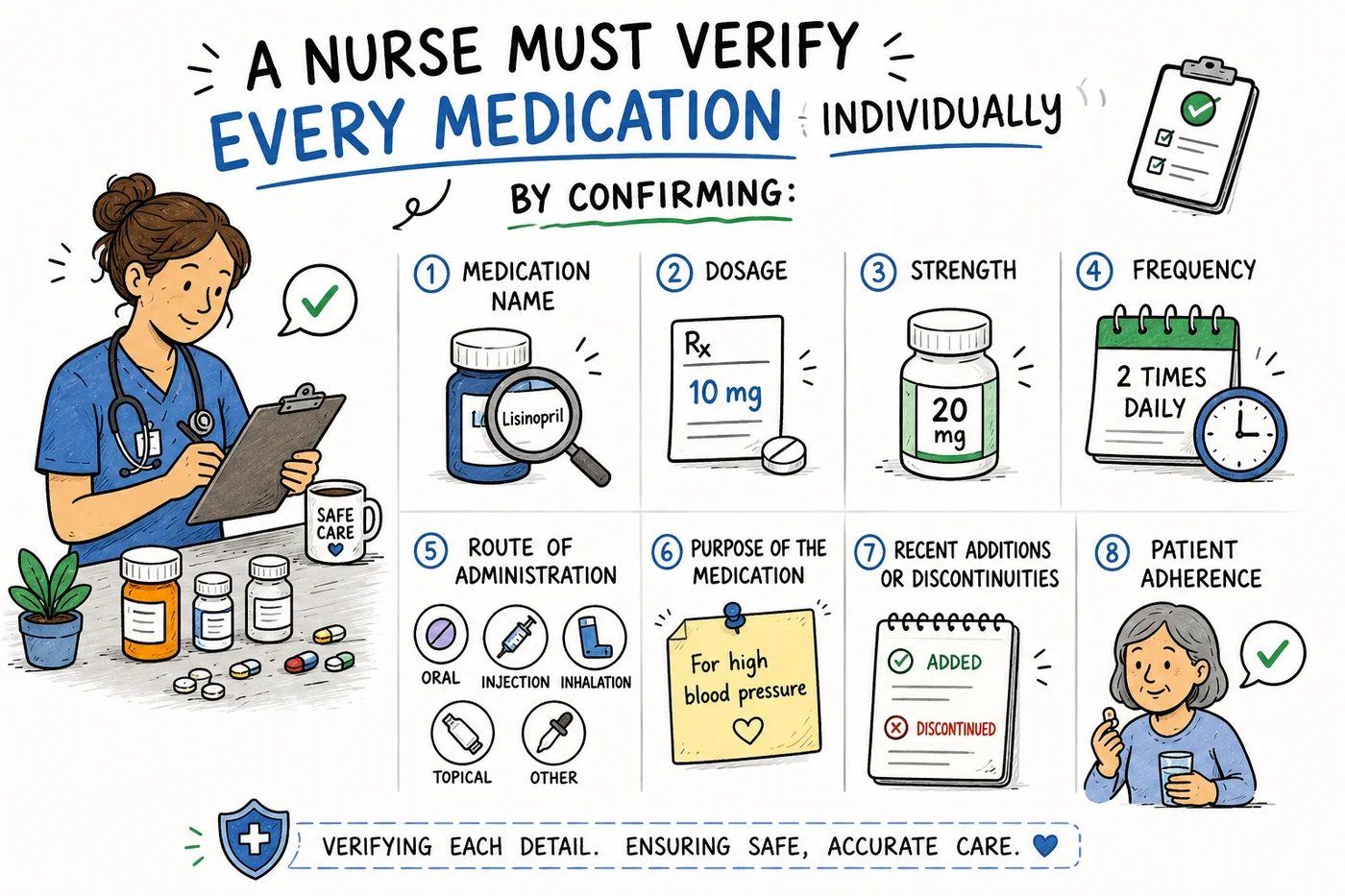 A nurse must verify every medication individually by confirming medication name, dosage, strength, frequency, route of administration, purpose, recent additions or discontinuities, and patient adherence