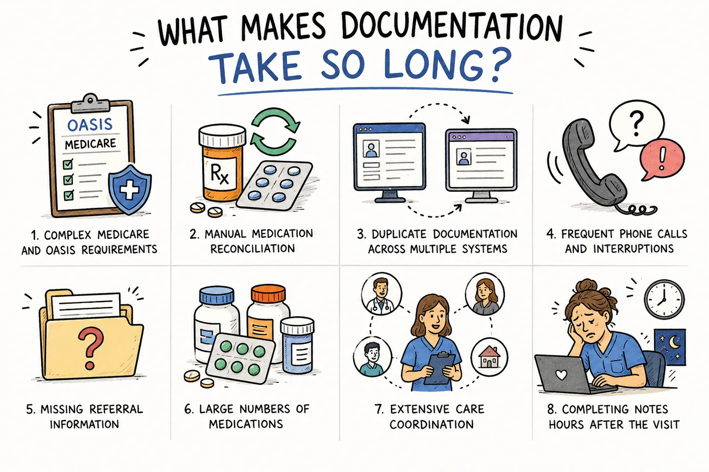 Eight reasons home health documentation takes so long: complex Medicare and OASIS requirements, manual medication reconciliation, duplicate documentation across multiple systems, frequent phone calls and interruptions, missing referral information, large numbers of medications, extensive care coordination, and completing notes hours after the visit