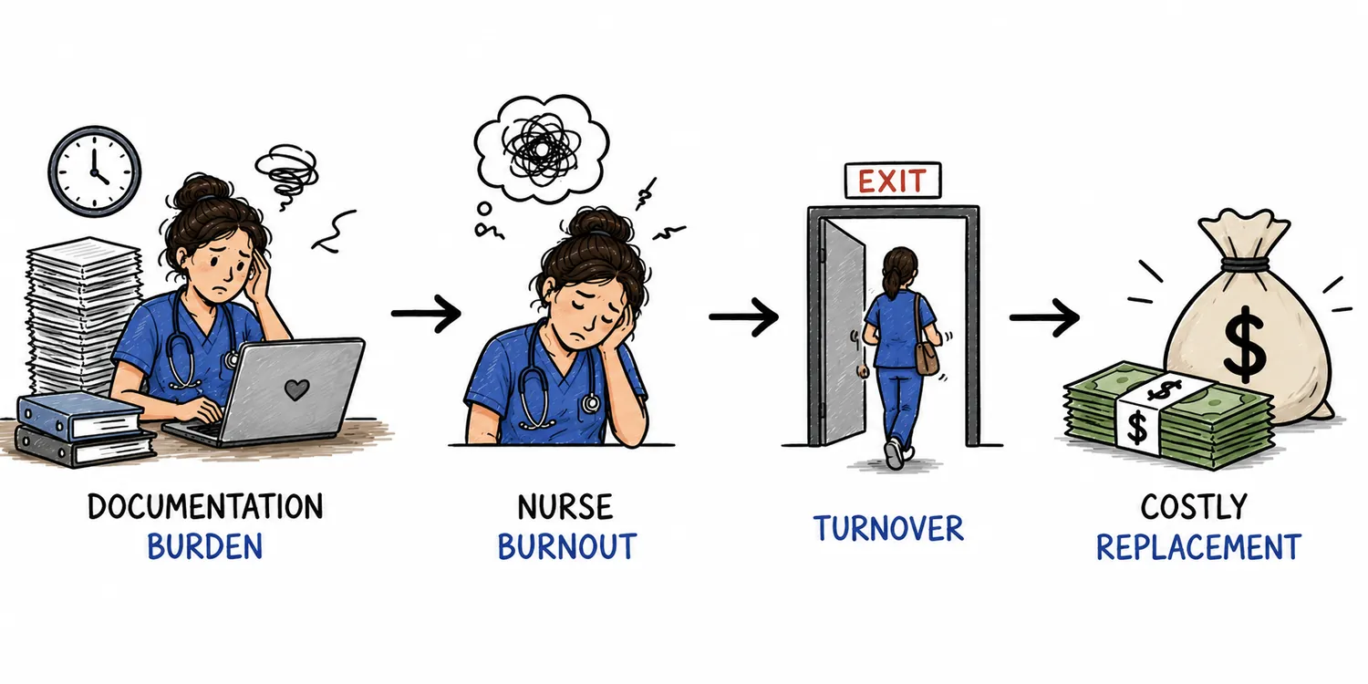 Documentation burden drives nurse turnover: documentation burden leads to nurse burnout, then turnover, then costly replacement