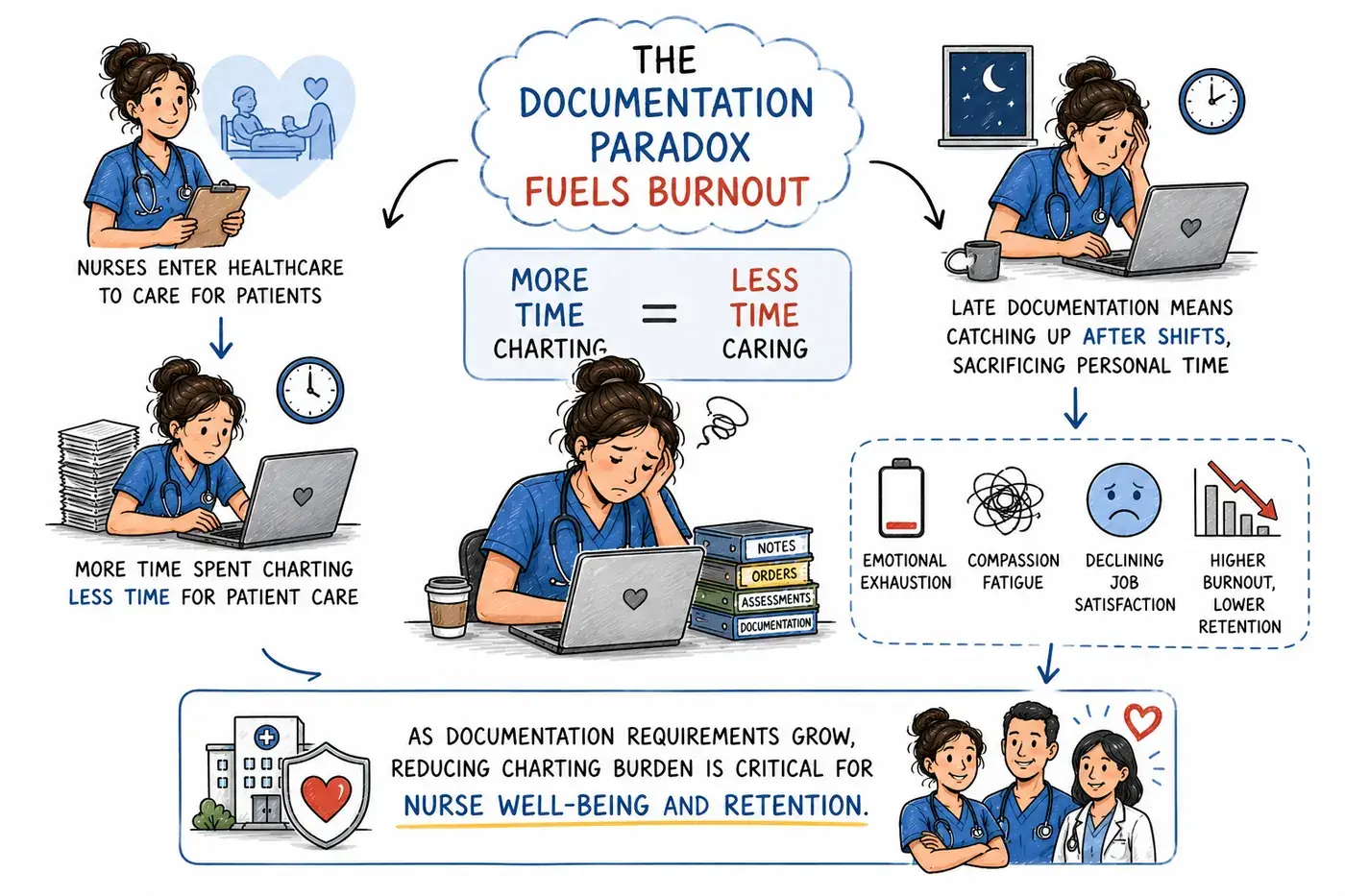 The documentation paradox fuels burnout: the more time nurses spend charting, the less time they have for patient care, and catching up after shifts drives emotional exhaustion, compassion fatigue, declining job satisfaction, and higher burnout and lower retention