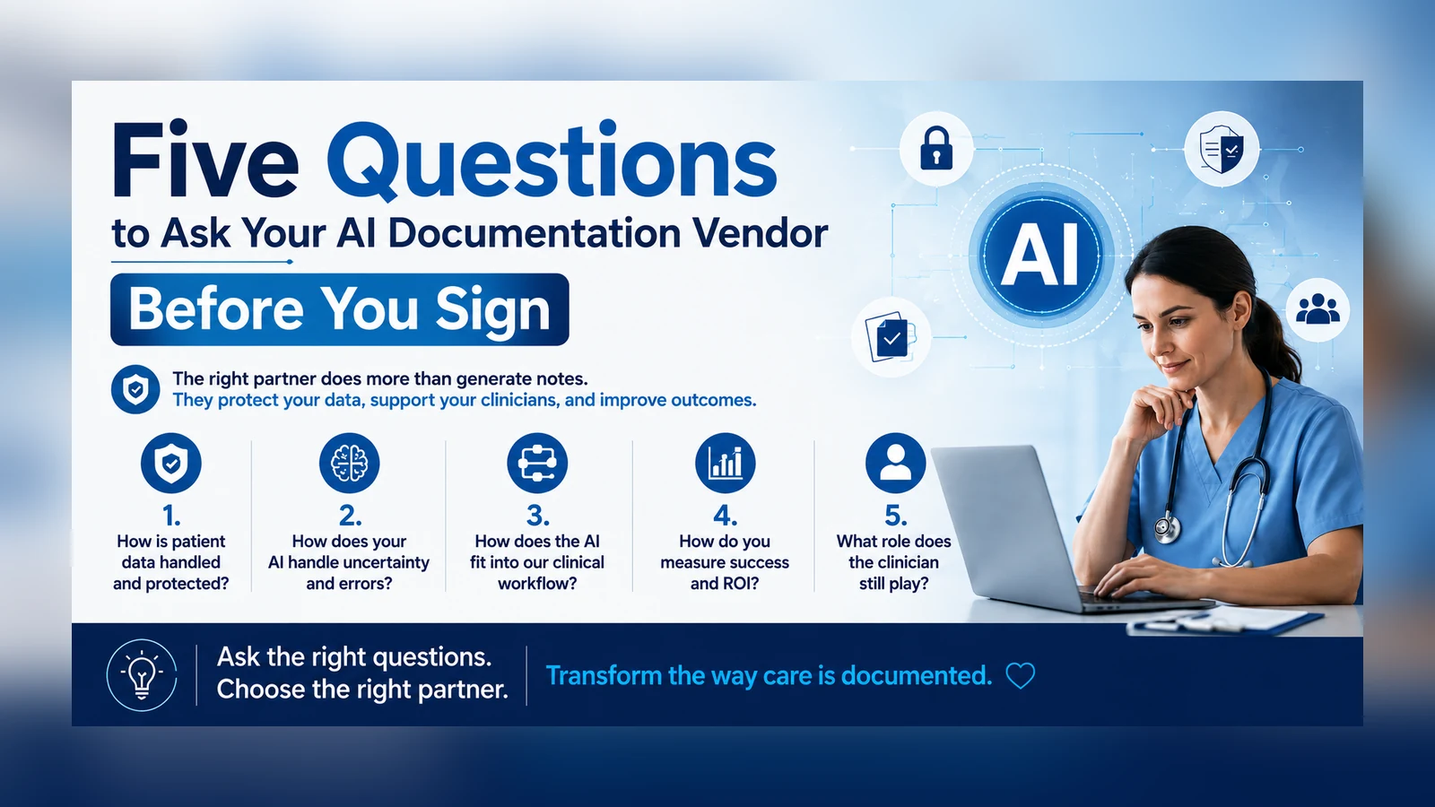 Five Questions to Ask Your AI Documentation Vendor Before You Sign Five Questions to Ask Your AI Documentation Vendor Before You Sign