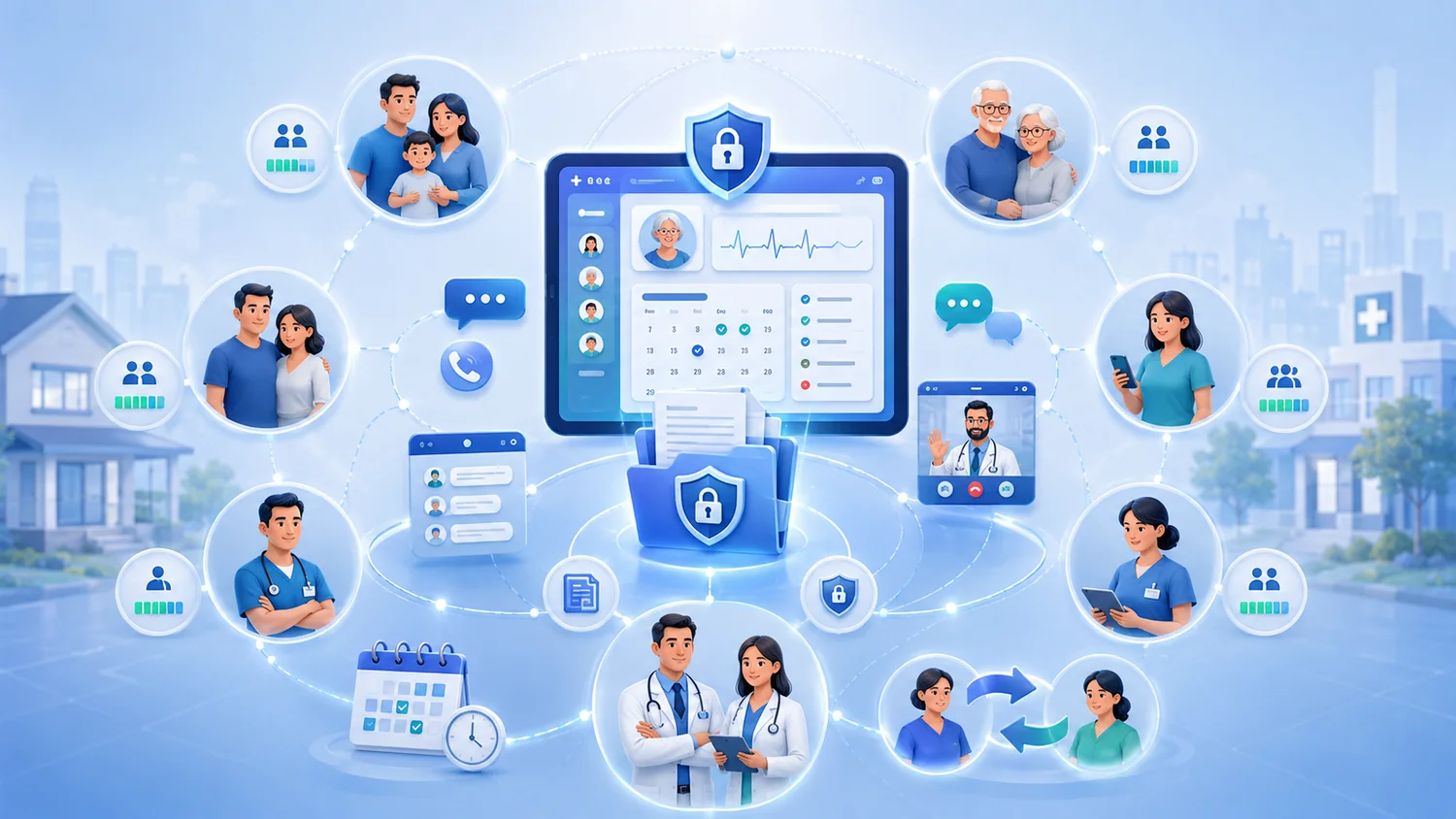 Family caregiver using healthcare technology within a connected care ecosystem of relatives, nurses, and physicians with role-based access