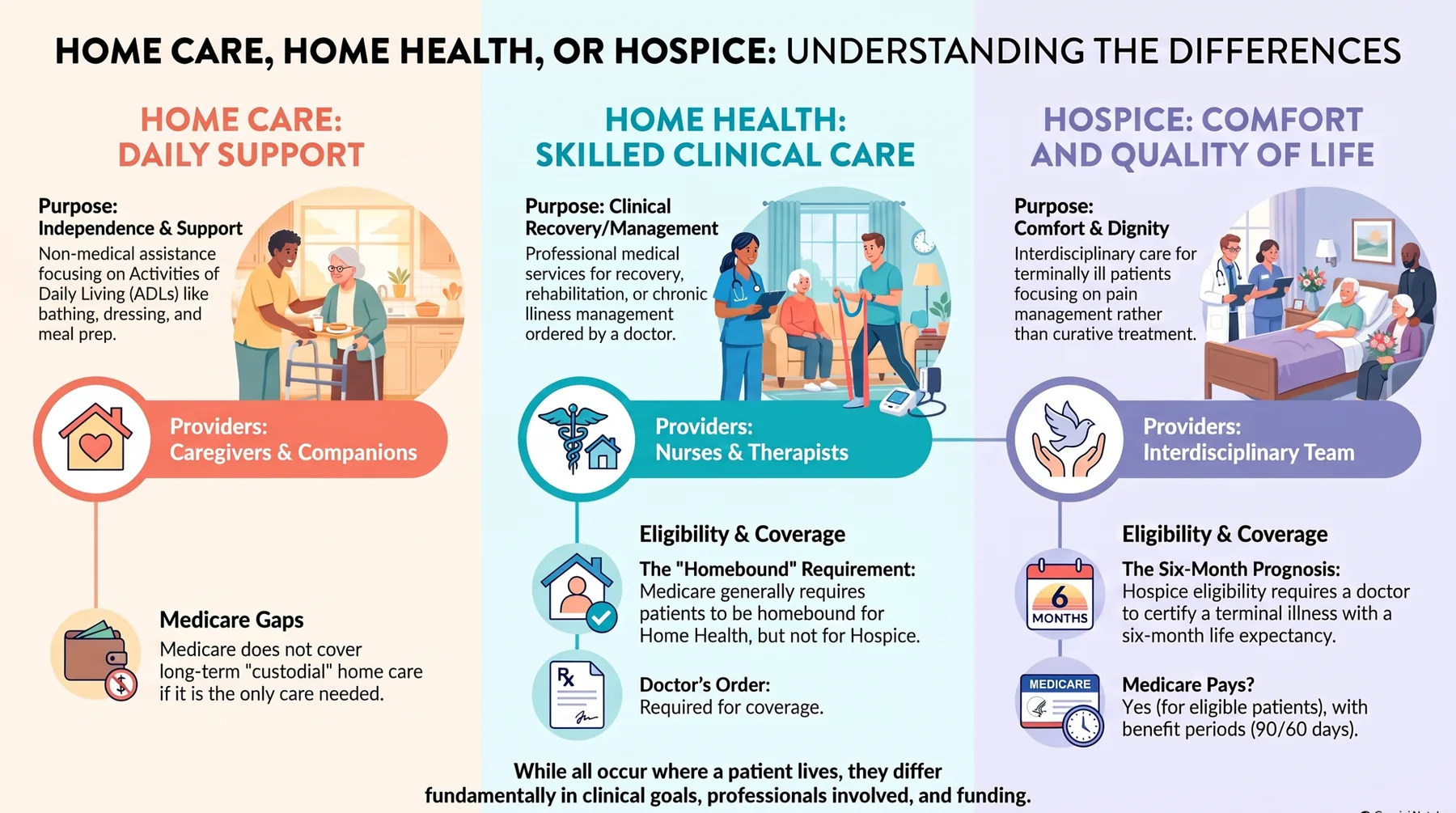 Comparison infographic showing home care as daily support, home health as skilled clinical care, and hospice as comfort and quality-of-life care, with providers and eligibility differences.