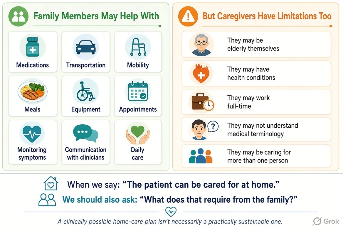 Family caregivers support medications, mobility, meals, and daily care while balancing their own limitations.