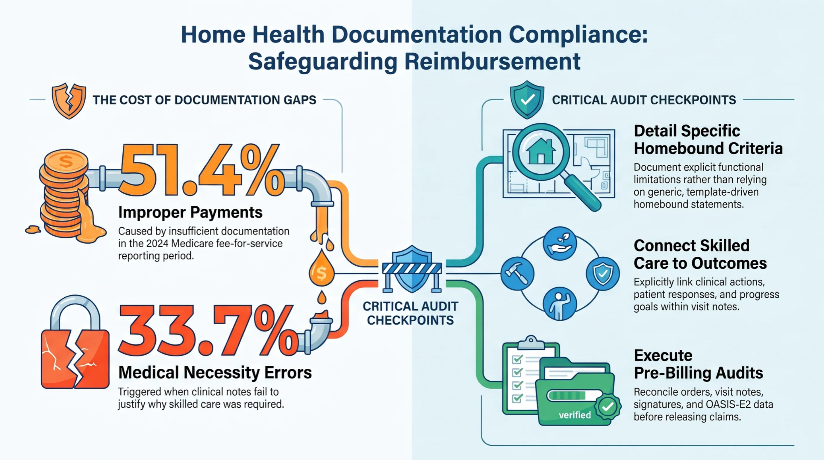 Home health documentation compliance infographic highlighting insufficient documentation, medical necessity, patient-specific homebound findings, skilled-care narratives, and pre-billing review.