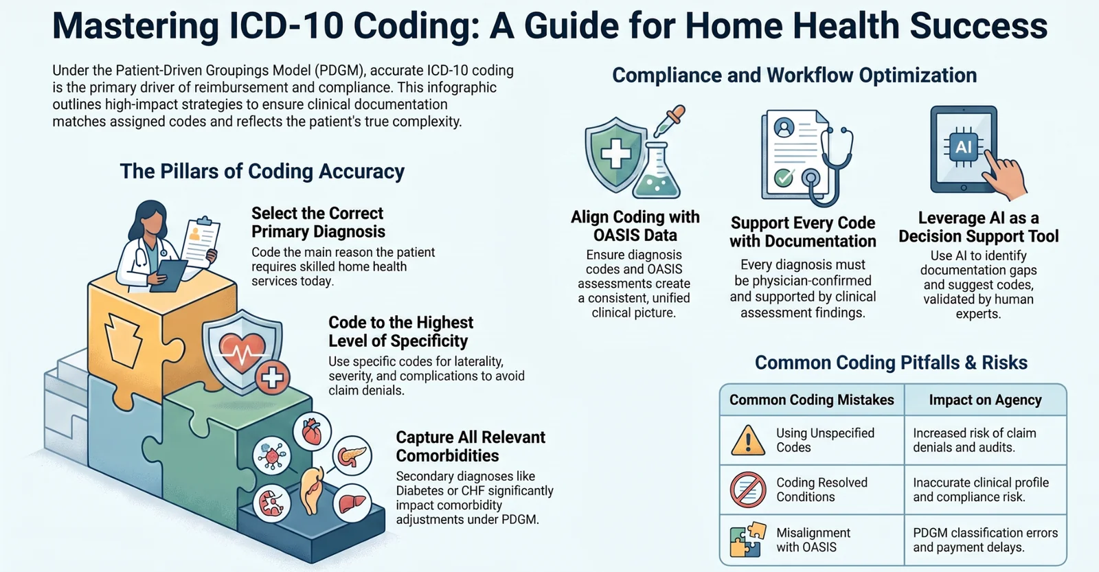Mastering ICD-10 coding for home health: the pillars of coding accuracy are selecting the correct primary diagnosis, coding to the highest level of specificity, and capturing all relevant comorbidities; compliance and workflow optimization means aligning coding with OASIS data, supporting every code with documentation, and leveraging AI as a decision-support tool; common coding pitfalls include using unspecified codes, coding resolved conditions, and misalignment with OASIS