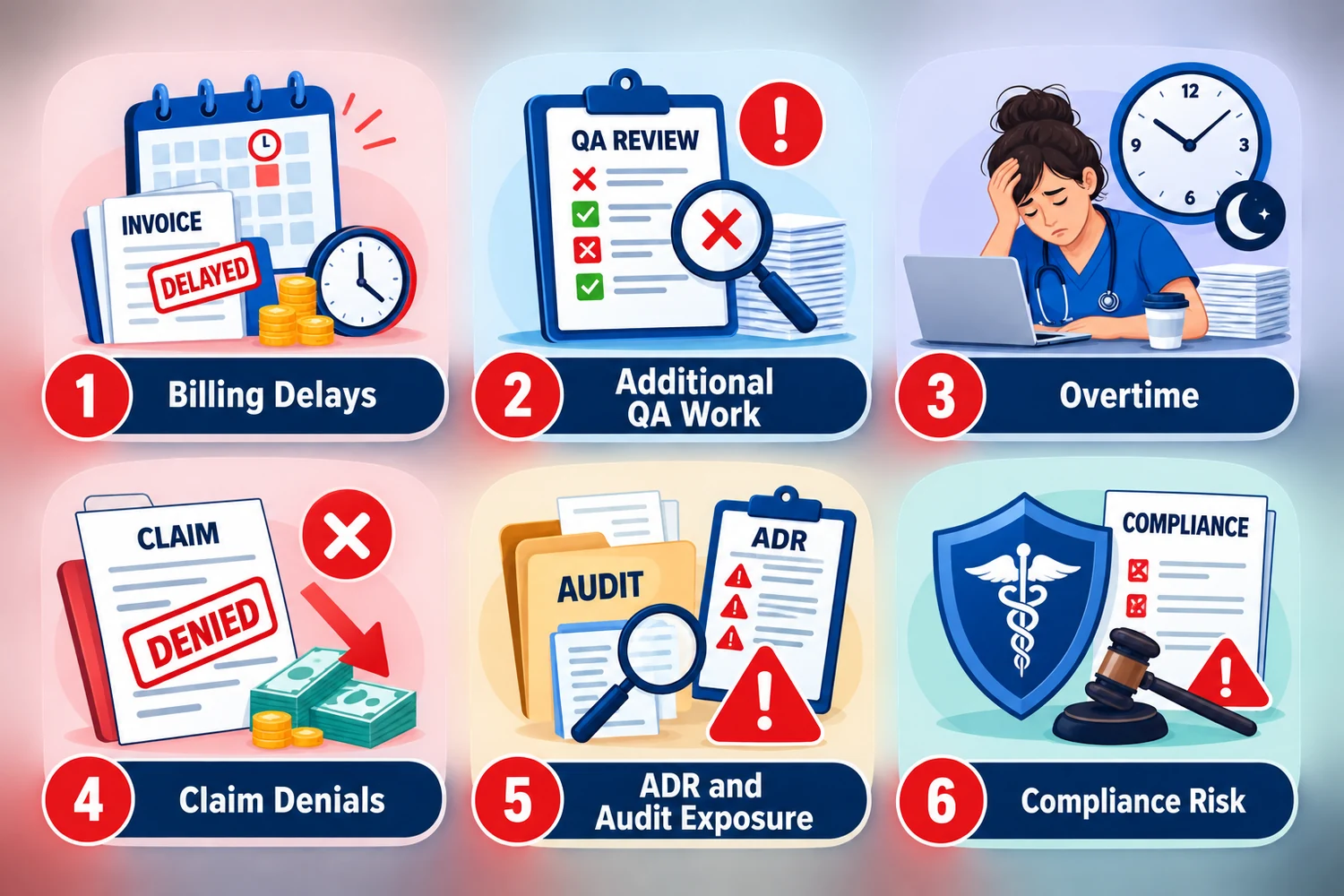 Six numbered costs of incomplete home health visit notes: 1 billing delays, 2 additional QA work, 3 overtime, 4 claim denials, 5 ADR and audit exposure, 6 compliance risk.
