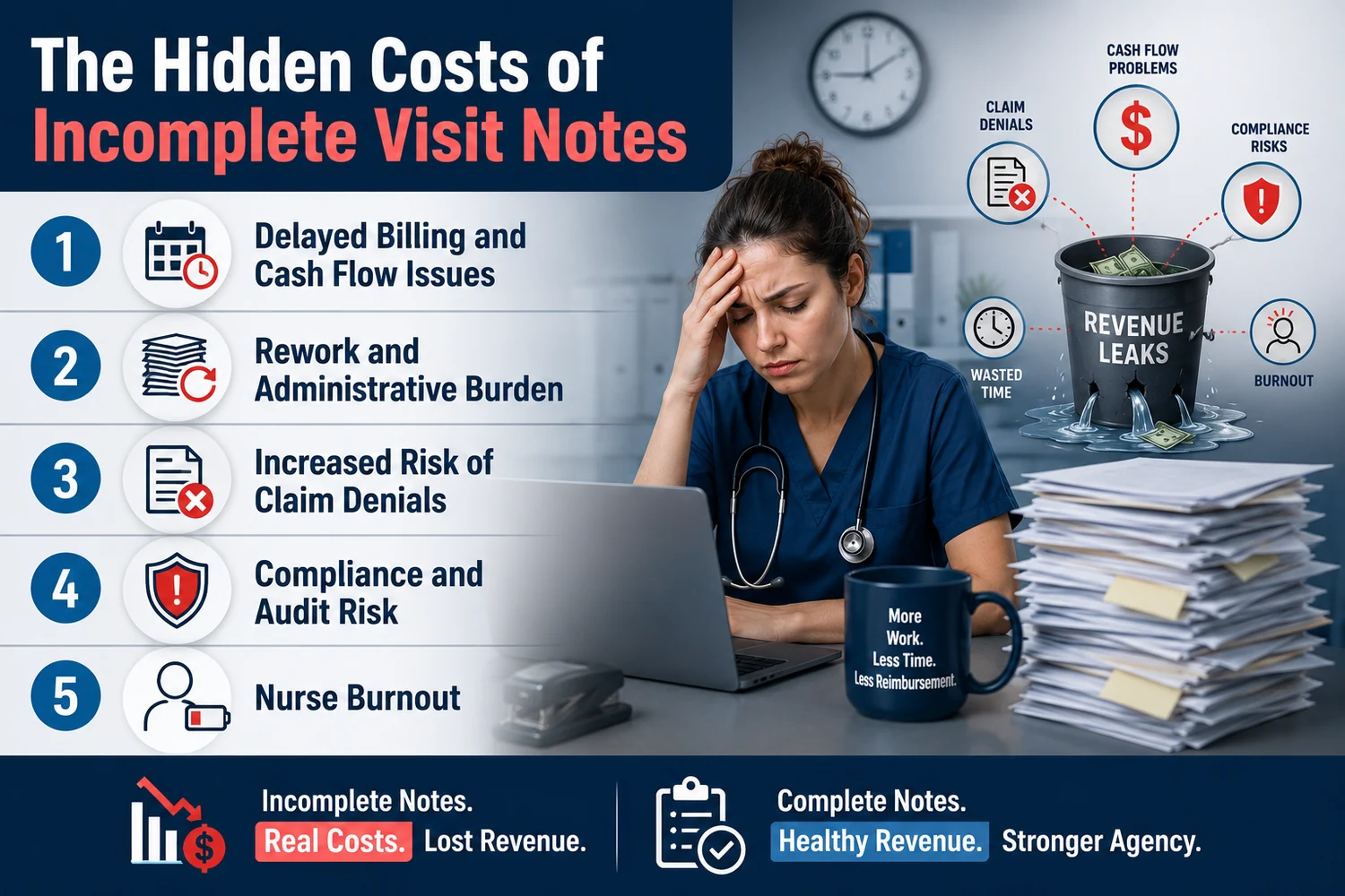 Infographic titled The Hidden Costs of Incomplete Visit Notes listing five costs: delayed billing and cash flow issues, rework and administrative burden, increased risk of claim denials, compliance and audit risk, and nurse burnout, with revenue leaking from a bucket.