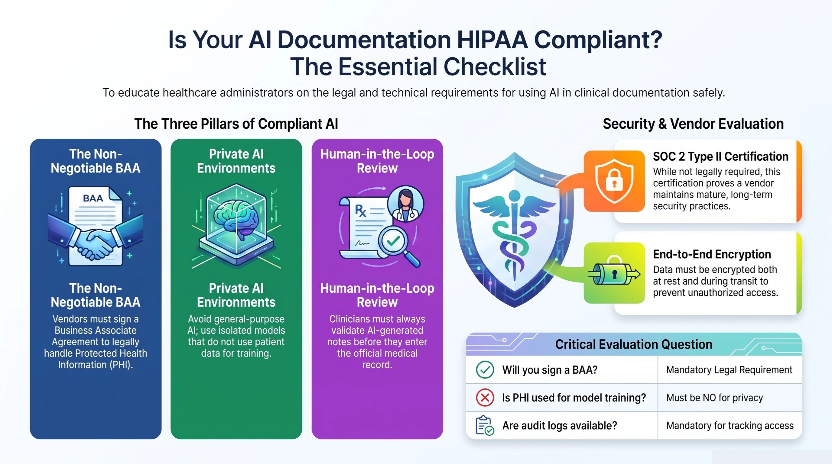 Is your AI documentation HIPAA compliant? The essential checklist. The three pillars of compliant AI: the non-negotiable BAA, private AI environments that do not train on patient data, and human-in-the-loop review. Security and vendor evaluation: SOC 2 Type II certification and end-to-end encryption. Critical evaluation questions: will you sign a BAA (mandatory legal requirement), is PHI used for model training (must be no), and are audit logs available (mandatory for tracking access)