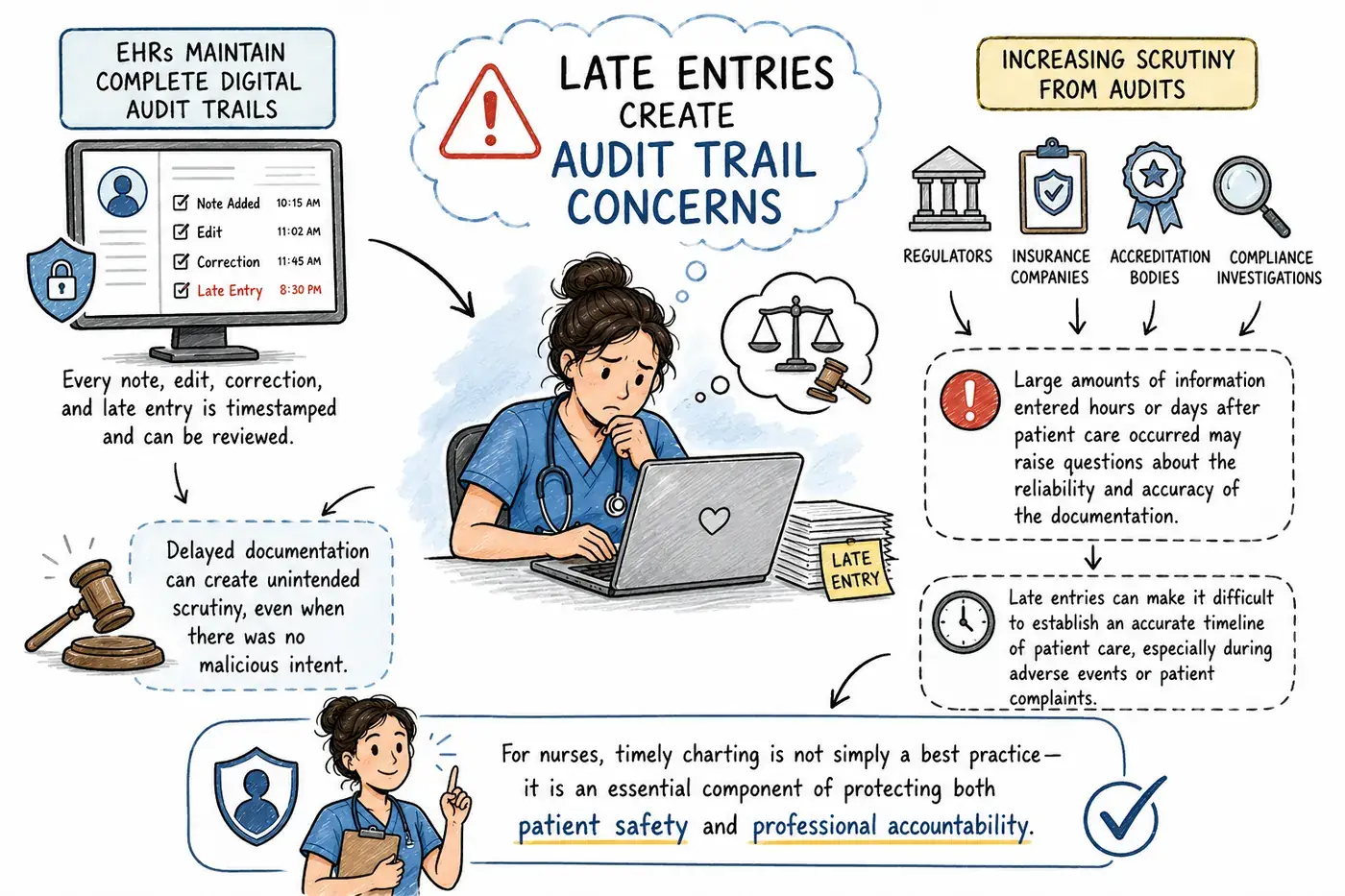 Late entries create audit trail concerns: EHRs maintain complete digital audit trails that timestamp every note, edit, correction, and late entry, drawing increasing scrutiny from regulators, insurance companies, accreditation bodies, and compliance investigations