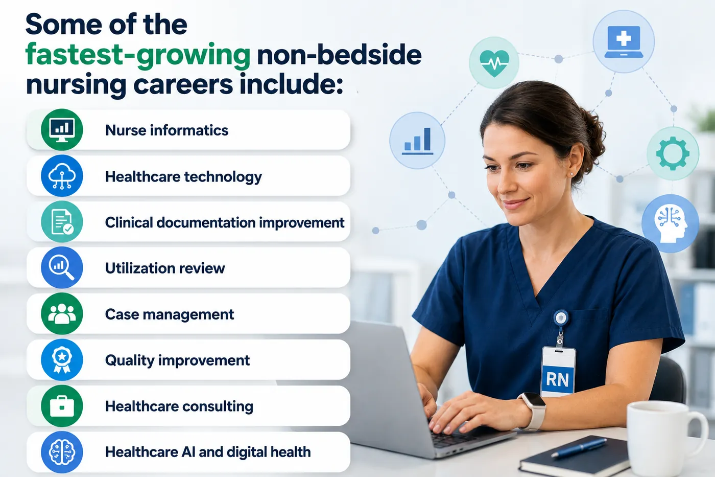 Some of the fastest-growing non-bedside nursing careers include nurse informatics, healthcare technology, clinical documentation improvement, utilization review, case management, quality improvement, healthcare consulting, and healthcare AI and digital health
