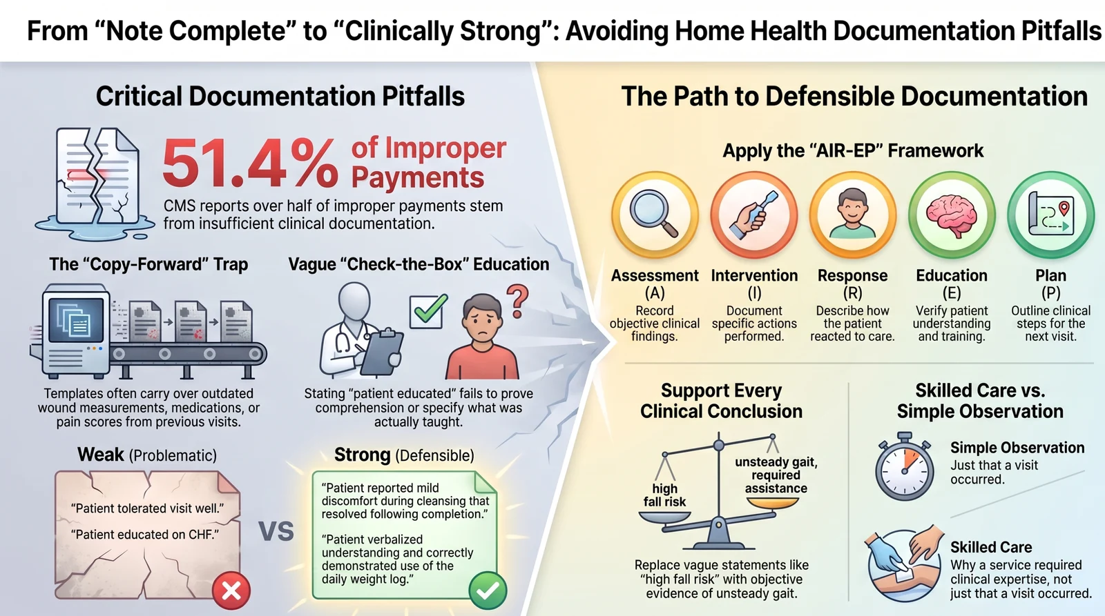 Infographic titled From Note Complete to Clinically Strong, showing critical documentation pitfalls (copy-forward trap, vague check-the-box education, weak vs strong notes) alongside the path to defensible documentation using the AIR-EP framework: Assessment, Intervention, Response, Education, Plan.