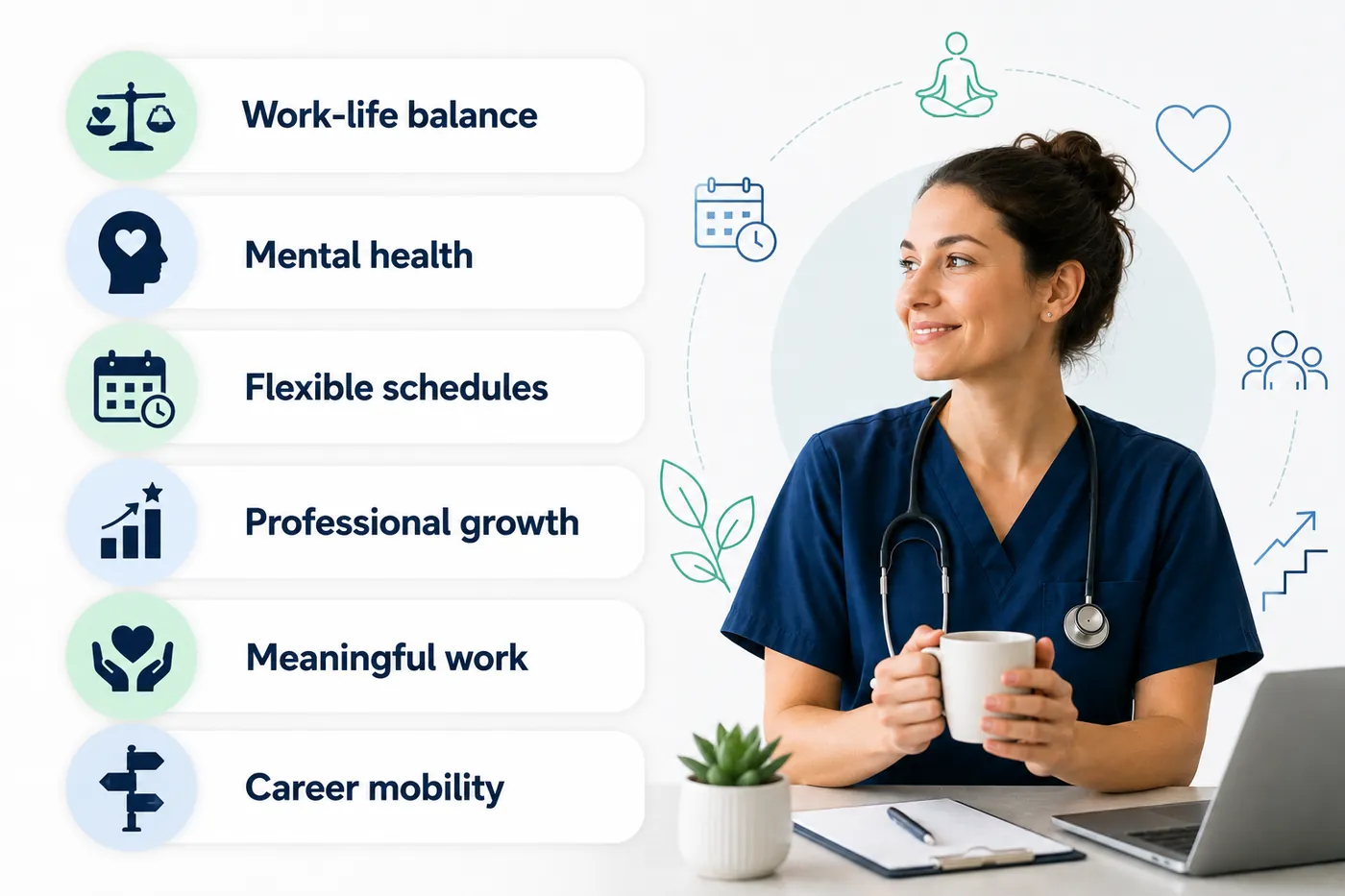 Younger healthcare professionals increasingly prioritize work-life balance, mental health, flexible schedules, professional growth, meaningful work, and career mobility