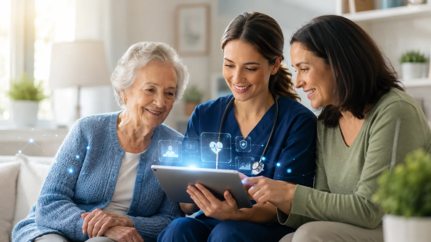 A home health nurse using technology alongside an older patient and a family member, showing technology that supports care instead of getting in the way