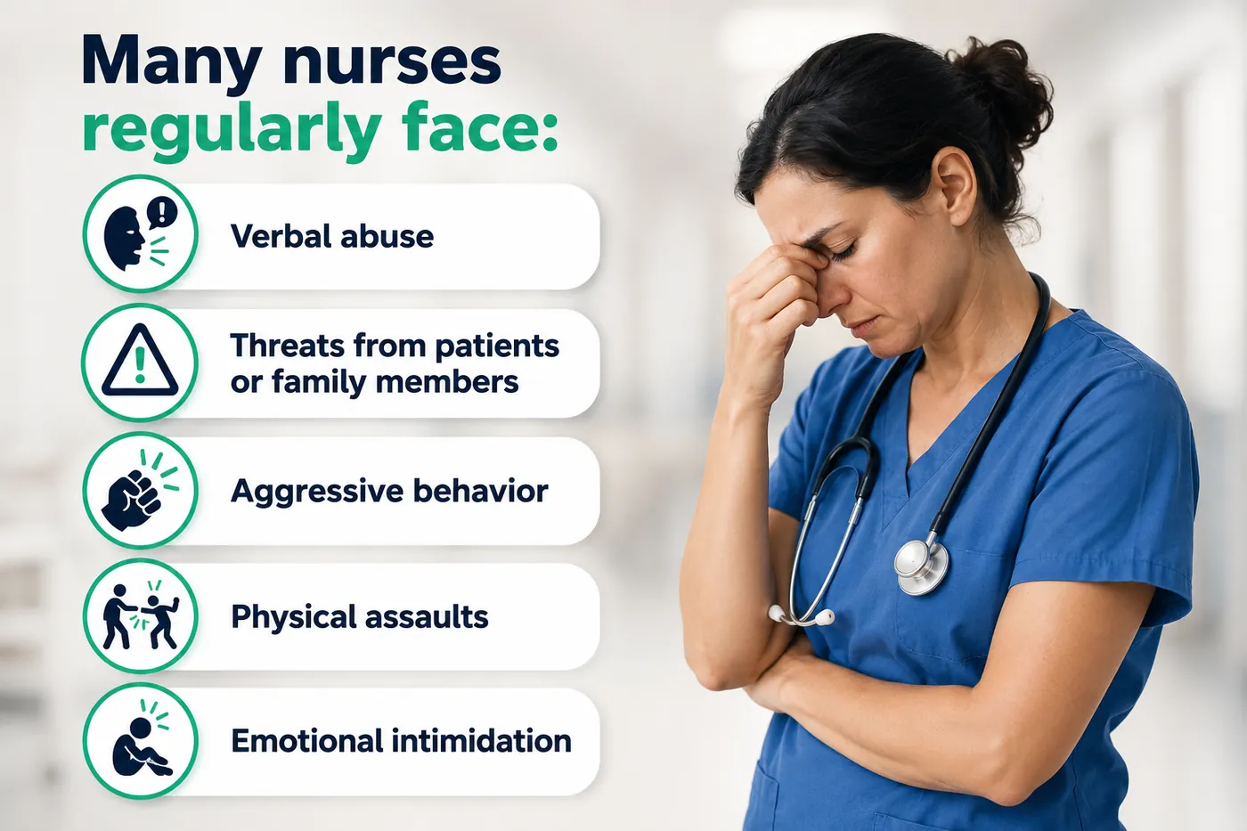 Many nurses regularly face verbal abuse, threats from patients or family members, aggressive behavior, physical assaults, and emotional intimidation