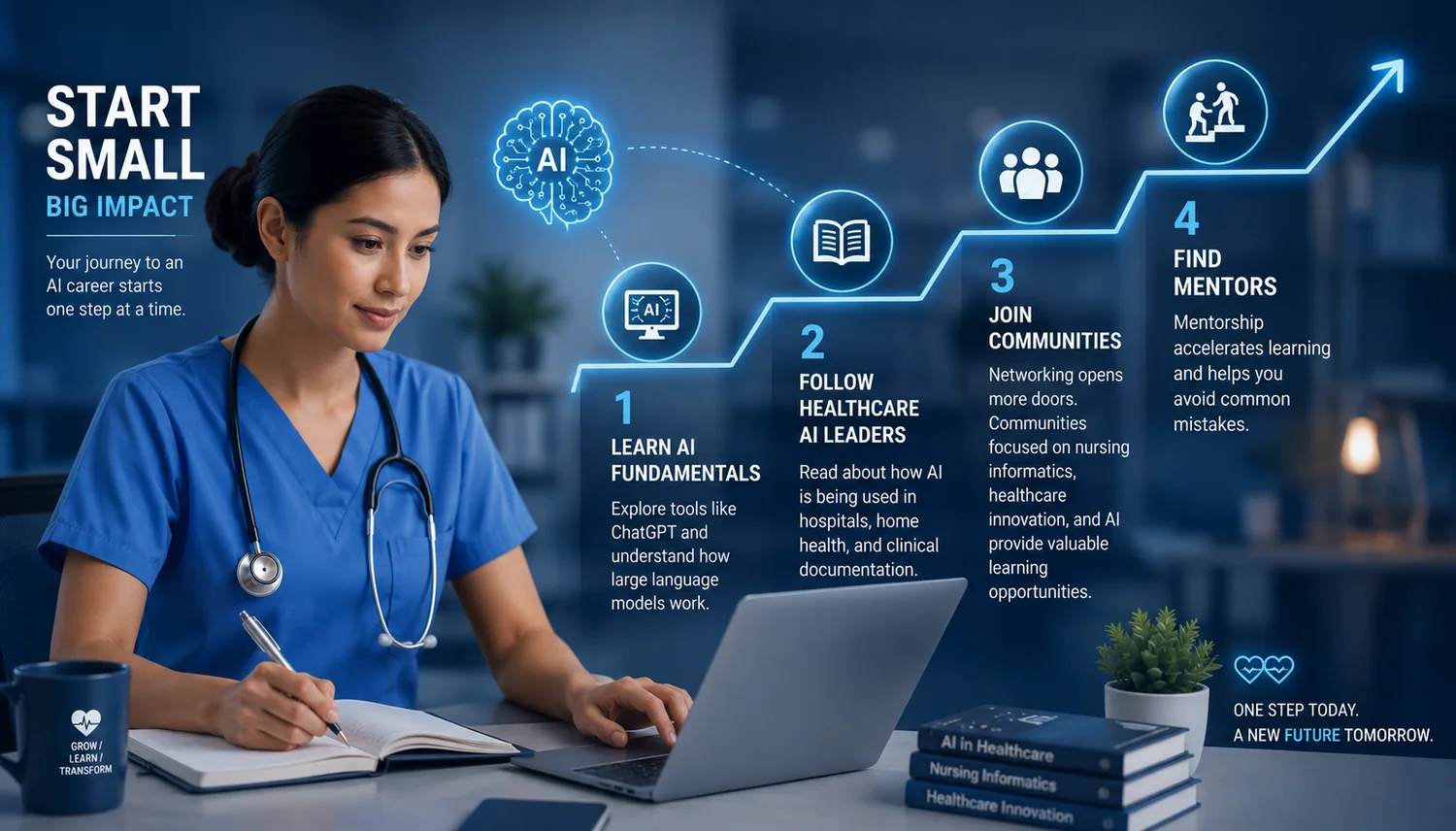 Career pathways infographic: nurses can start small toward an AI career by learning AI fundamentals, following healthcare AI leaders, joining communities, and finding mentors