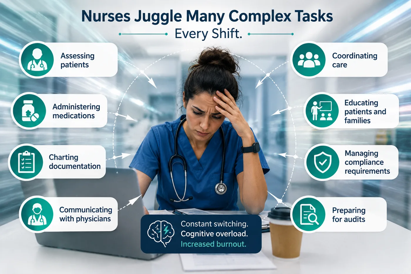 A nurse juggling many complex tasks every shift, including assessing patients, administering medications, charting documentation, communicating with physicians, coordinating care, educating patients and families, managing compliance, and preparing for audits, leading to constant switching, cognitive overload, and increased burnout A nurse juggling many complex tasks every shift, including assessing patients, administering medications, charting documentation, communicating with physicians, coordinating care, educating patients and families, managing compliance, and preparing for audits, leading to constant switching, cognitive overload, and increased burnout