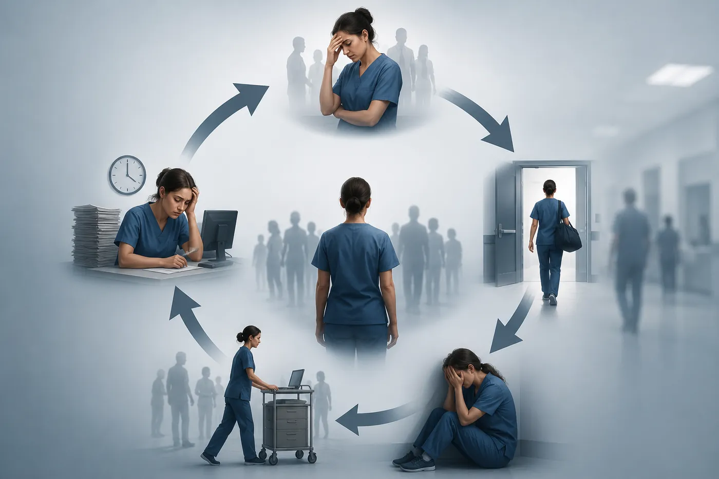 The self-perpetuating nursing shortage cycle: overwork leads to stress and after-hours documentation, then exhaustion, then resignation, then heavier workloads for those who remain