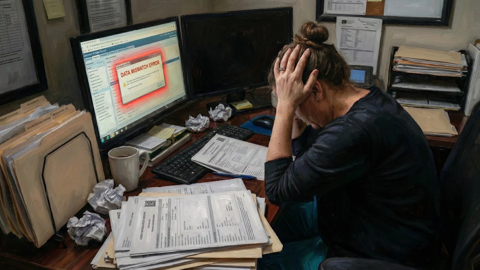 A stressed home health nurse at a cluttered desk facing a Data Mismatch Error on screen, representing OASIS responses that don't match the rest of the clinical record.