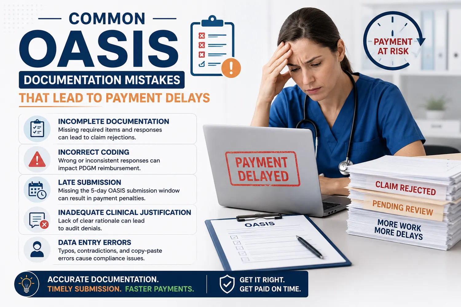 Common OASIS documentation mistakes that lead to payment delays: incomplete documentation, incorrect coding, late submission, inadequate clinical justification, and data entry errors, all putting payment at risk Common OASIS documentation mistakes that lead to payment delays: incomplete documentation, incorrect coding, late submission, inadequate clinical justification, and data entry errors, all putting payment at risk
