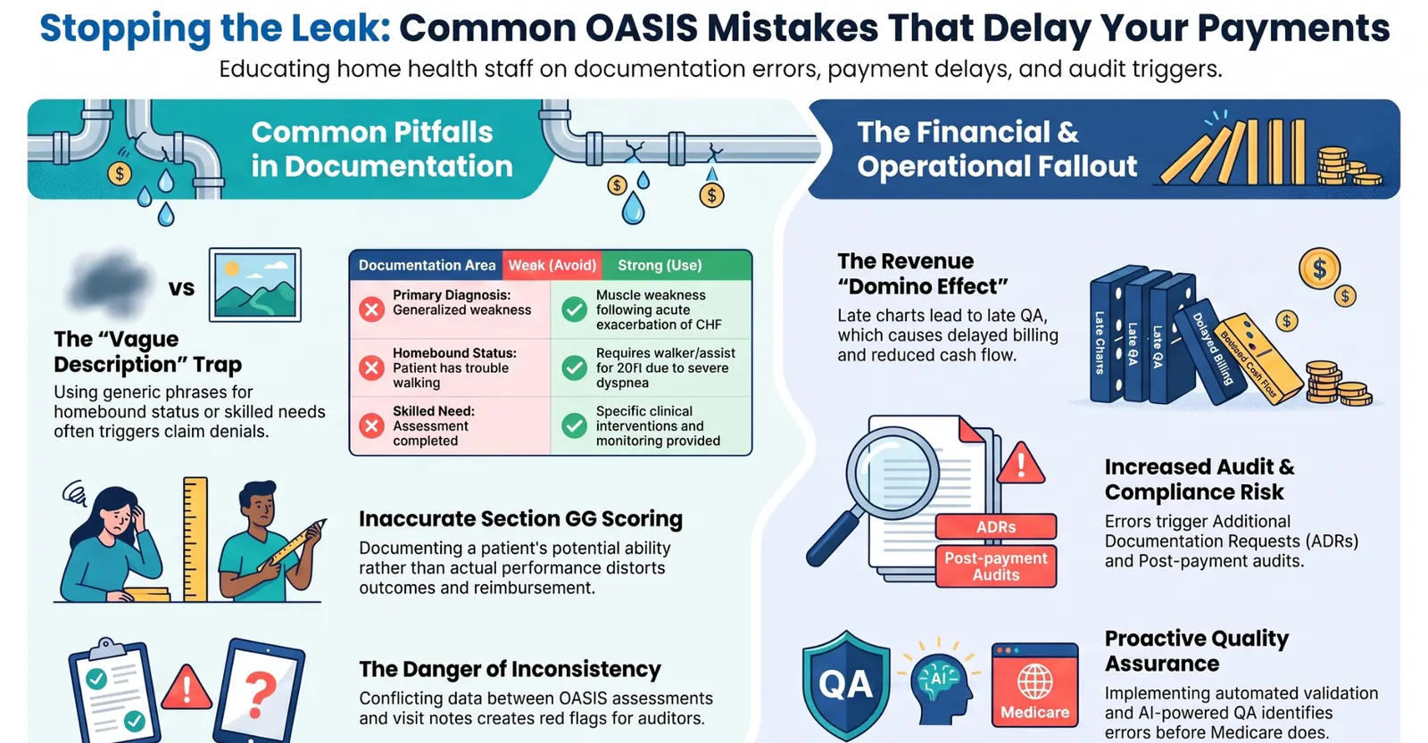 Stopping the leak: common OASIS mistakes that delay your payments, showing documentation pitfalls like the vague description trap, inaccurate Section GG scoring, and inconsistency, a weak versus strong documentation table, and the financial fallout including the revenue domino effect and audit risk Stopping the leak: common OASIS mistakes that delay your payments, showing documentation pitfalls like the vague description trap, inaccurate Section GG scoring, and inconsistency, a weak versus strong documentation table, and the financial fallout including the revenue domino effect and audit risk
