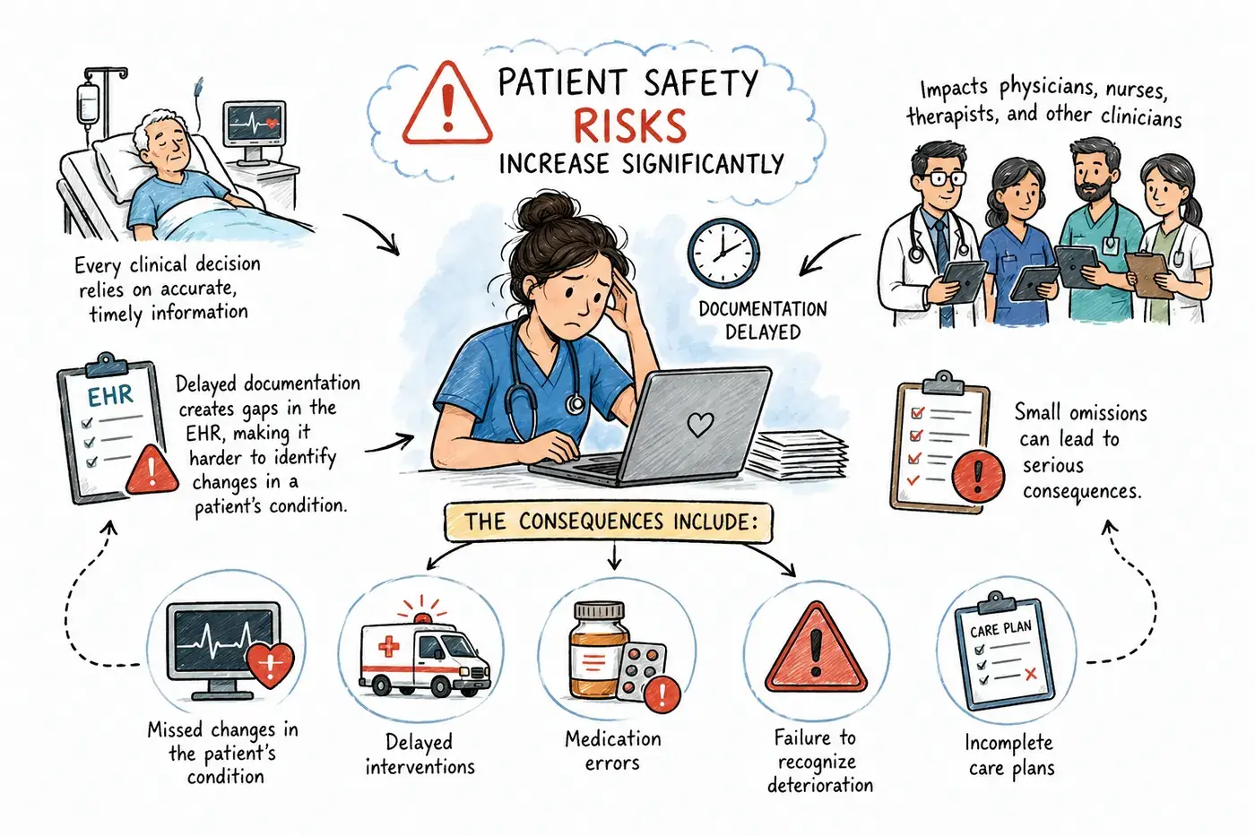 Patient safety risks increase significantly with delayed documentation: gaps in the EHR can lead to missed changes in the patient's condition, delayed interventions, medication errors, failure to recognize deterioration, and incomplete care plans