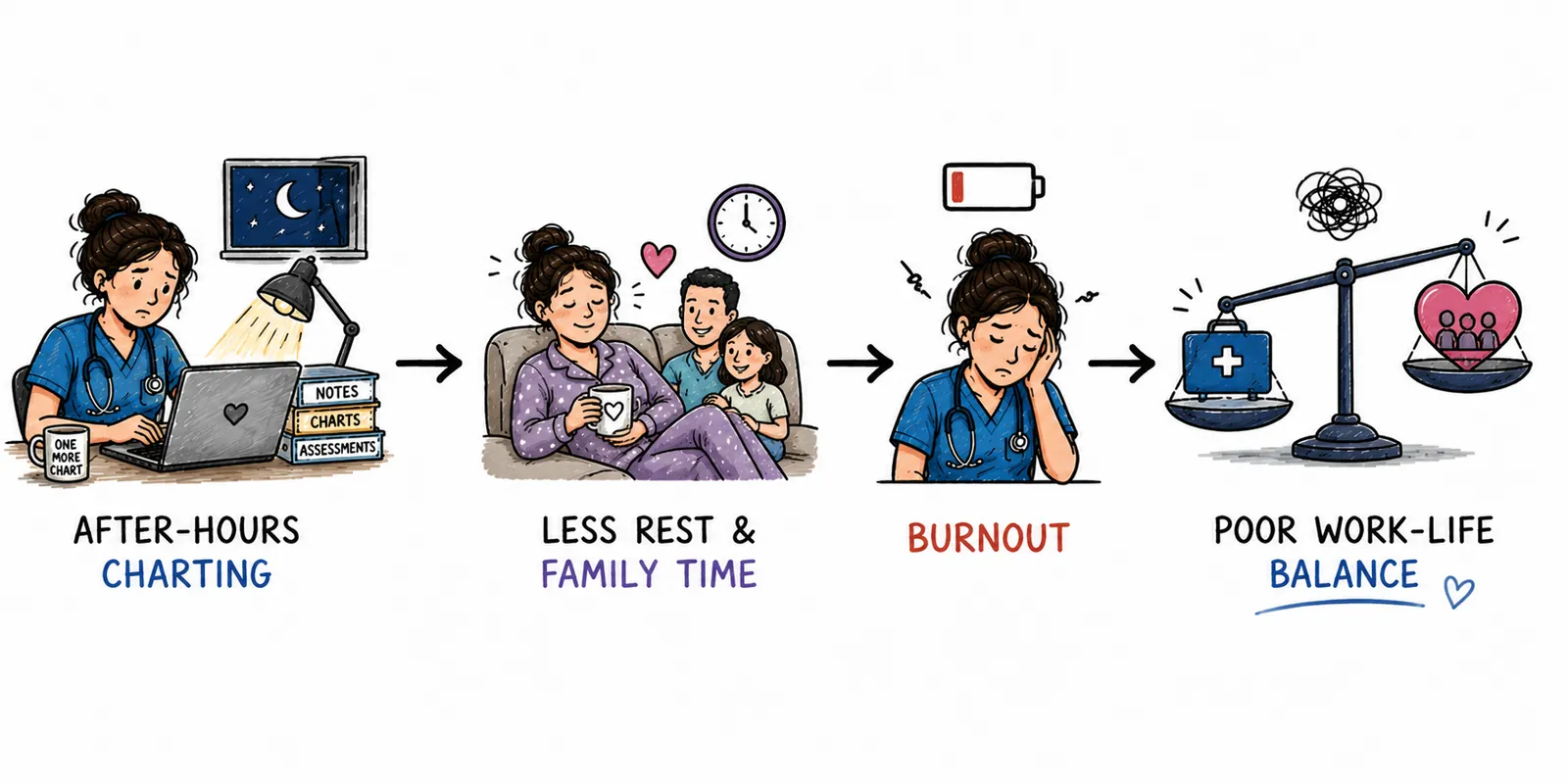 Reducing documentation burden restores work-life balance: after-hours charting leads to less rest and family time and burnout, so reducing the charting burden protects nurses' work-life balance