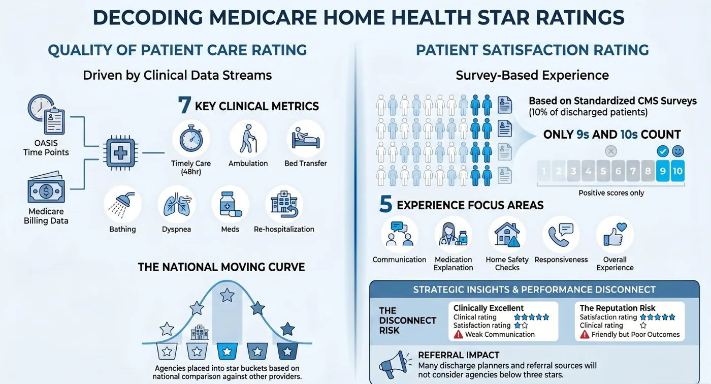 Infographic decoding Medicare home health star ratings: quality of care vs patient satisfaction Infographic decoding Medicare home health star ratings: quality of care vs patient satisfaction