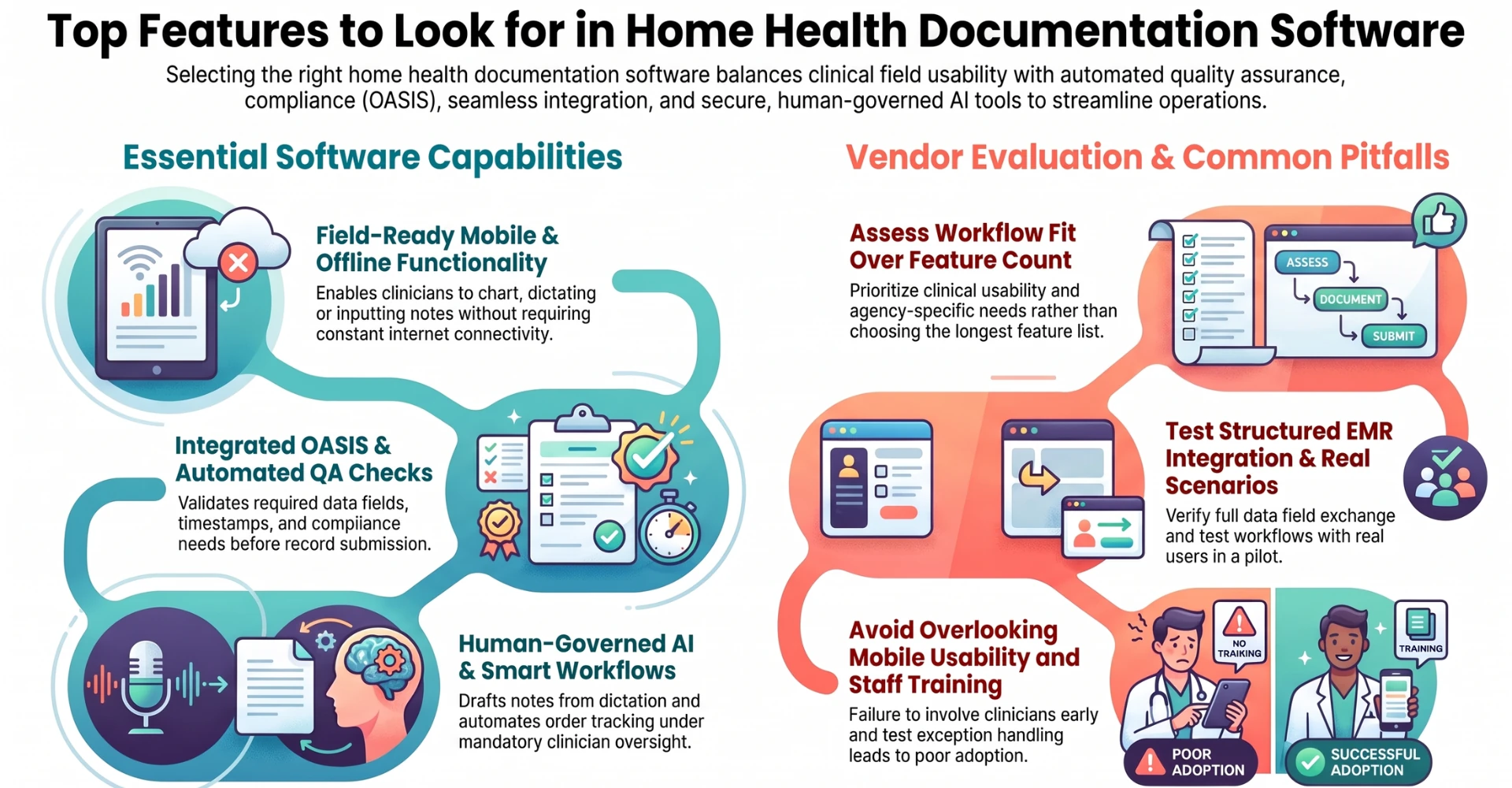Home health documentation software features and vendor evaluation: mobile and offline access, OASIS and QA checks, human-governed AI, workflow fit, structured EMR integration, and staff training.