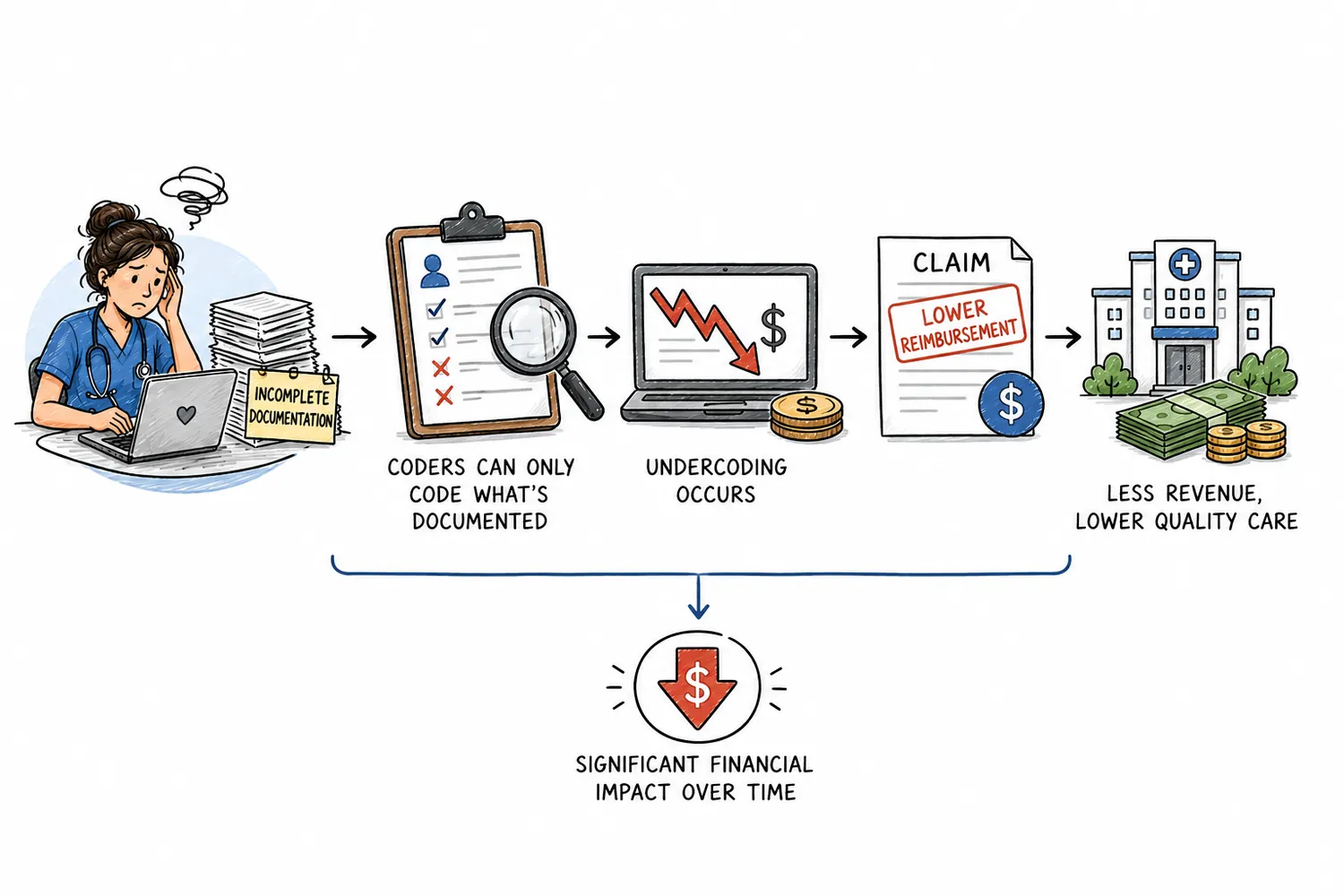 Undercoding leads to lower reimbursement: because coders can only code what is documented, incomplete documentation causes undercoding, lower reimbursement, less revenue, and a significant financial impact over time