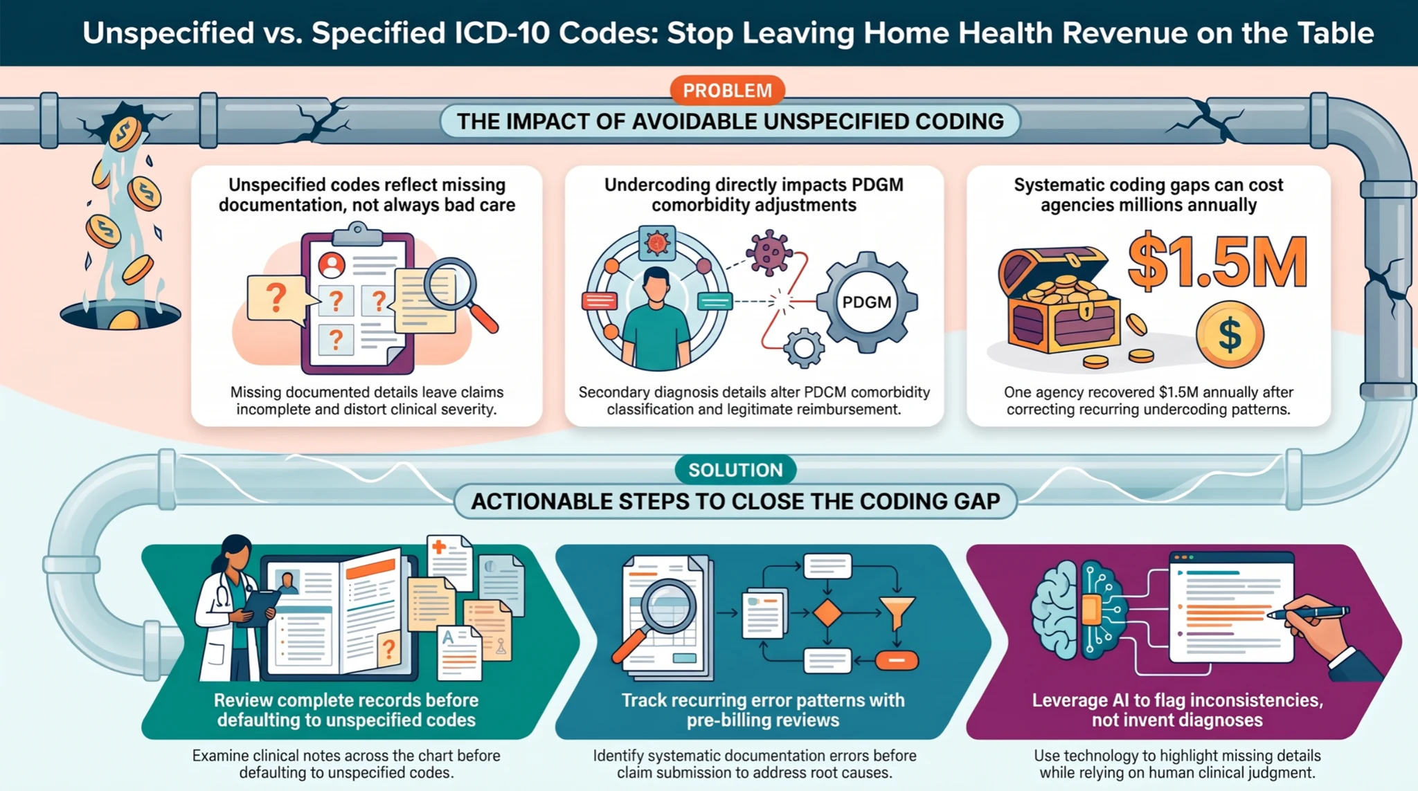 Infographic showing documentation gaps, PDGM coding review, and steps to improve home health coding accuracy. Infographic showing documentation gaps, PDGM coding review, and steps to improve home health coding accuracy.