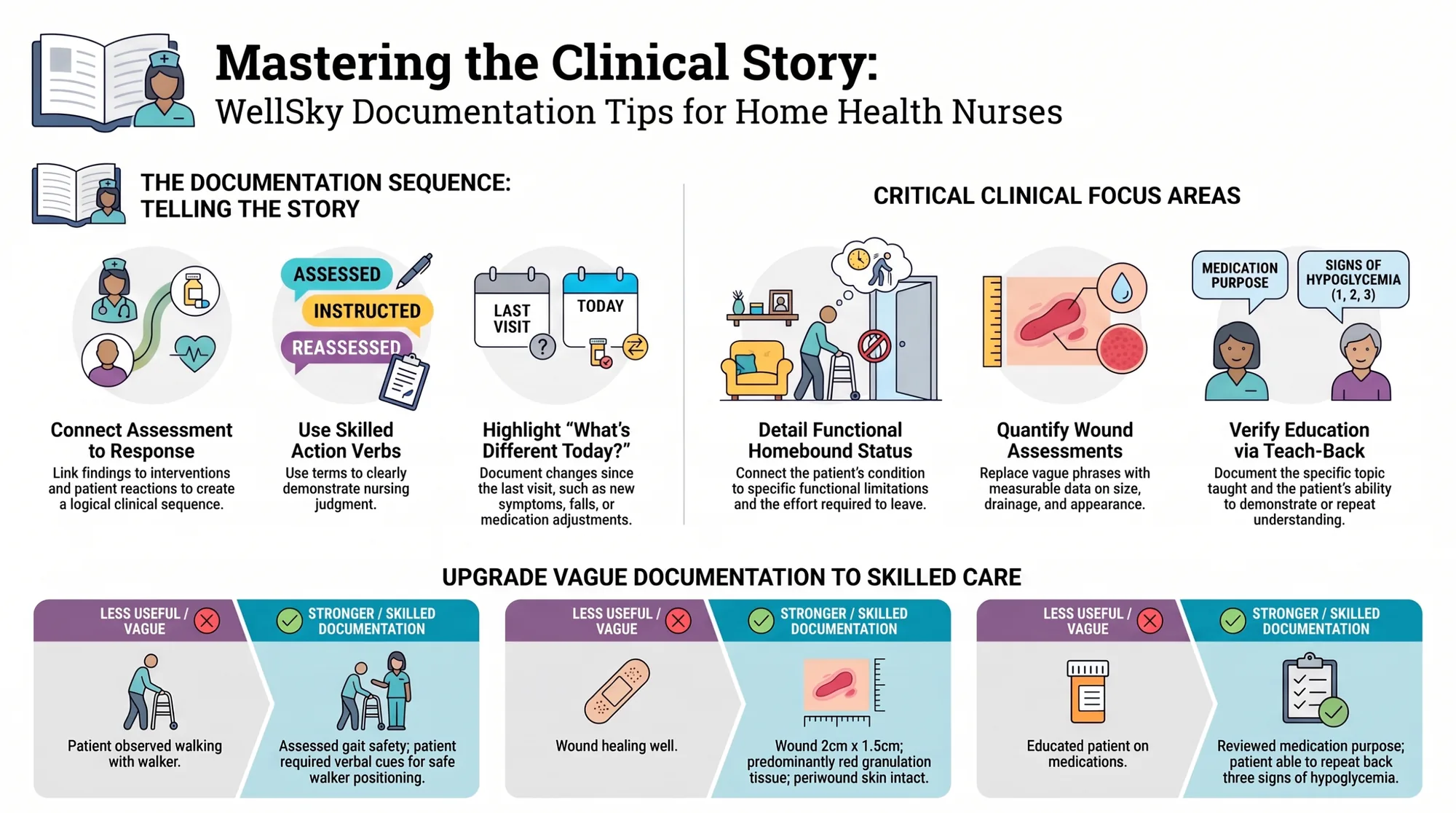 Infographic titled Mastering the Clinical Story showing the documentation sequence, critical clinical focus areas, and examples of upgrading vague documentation to skilled care.