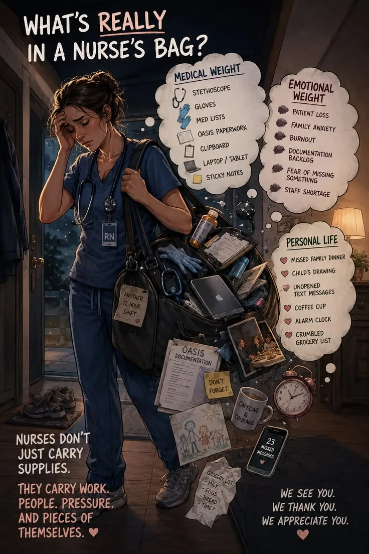 What's really in a nurse's bag: medical weight like a stethoscope and OASIS paperwork, emotional weight like patient loss, burnout, and documentation backlog, and personal life like missed family dinners