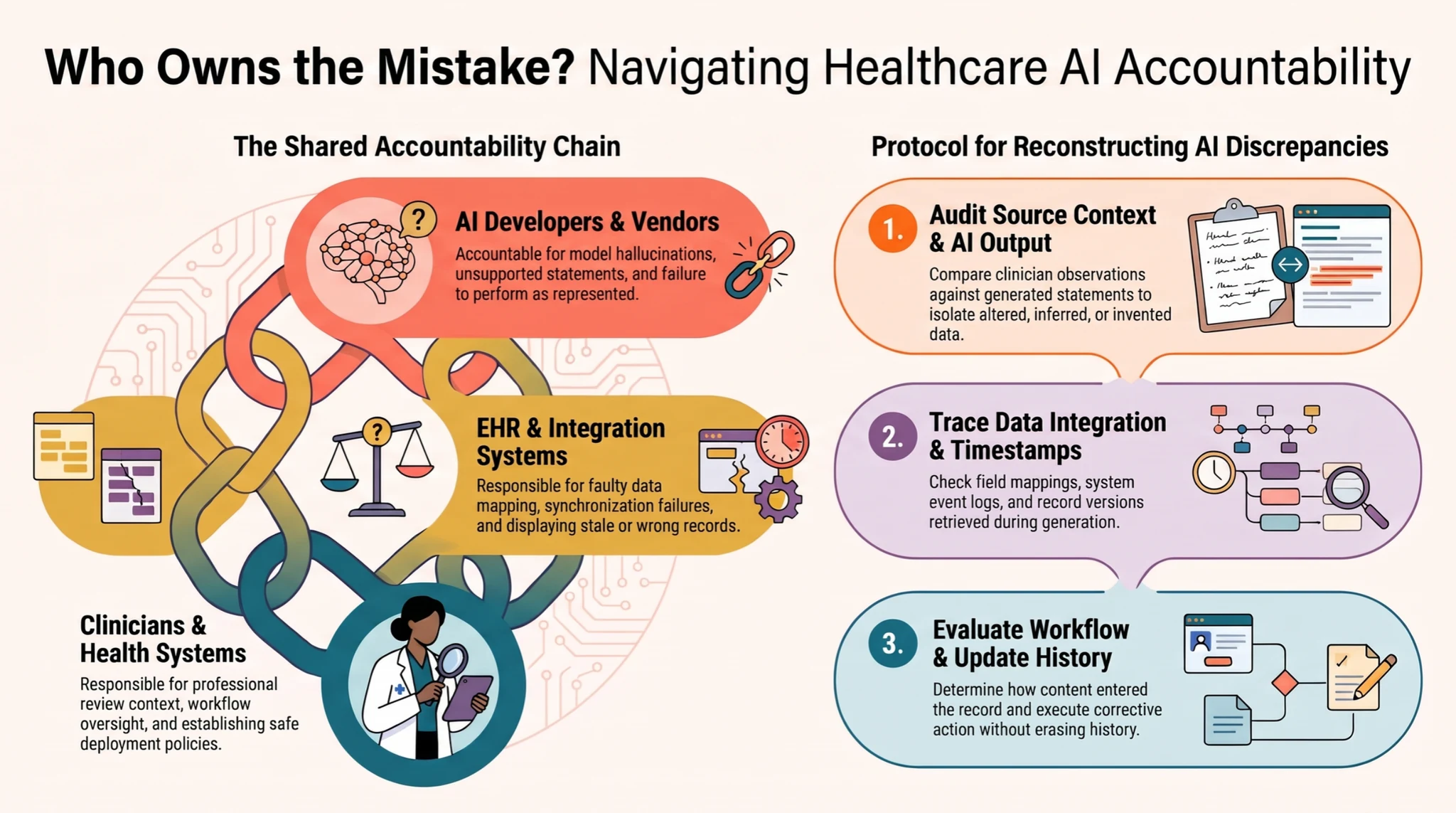 Healthcare AI accountability chain across developers, EHR integrations, clinicians, and organizations, with steps for investigating discrepancies.