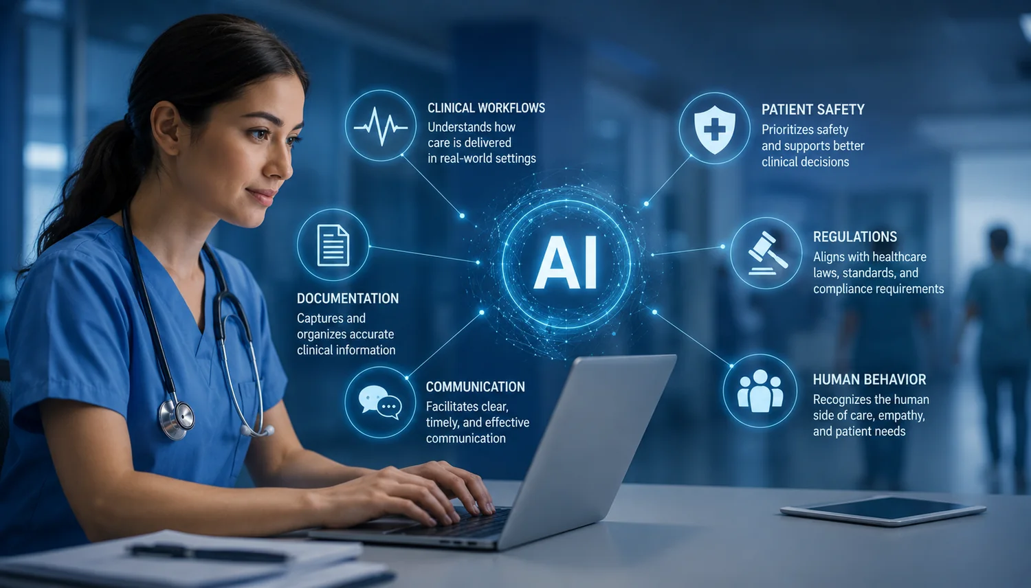 Healthcare professional collaborating with AI-powered clinical workflow software, showing how AI must understand clinical workflows, patient safety, documentation, regulations, communication, and human behavior