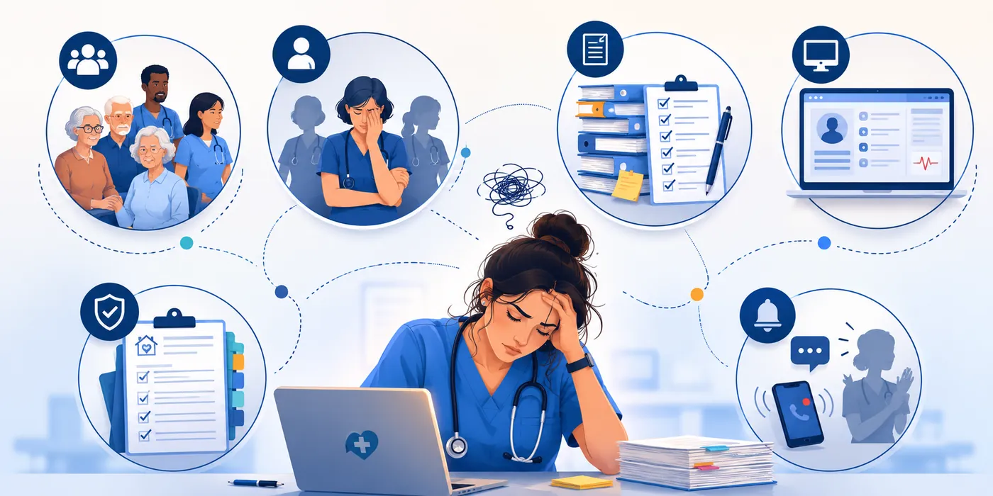 Why late nursing documentation happens: an exhausted nurse surrounded by competing demands including the care team and family, documentation stacks, complex EHRs, compliance requirements, and constant interruptions