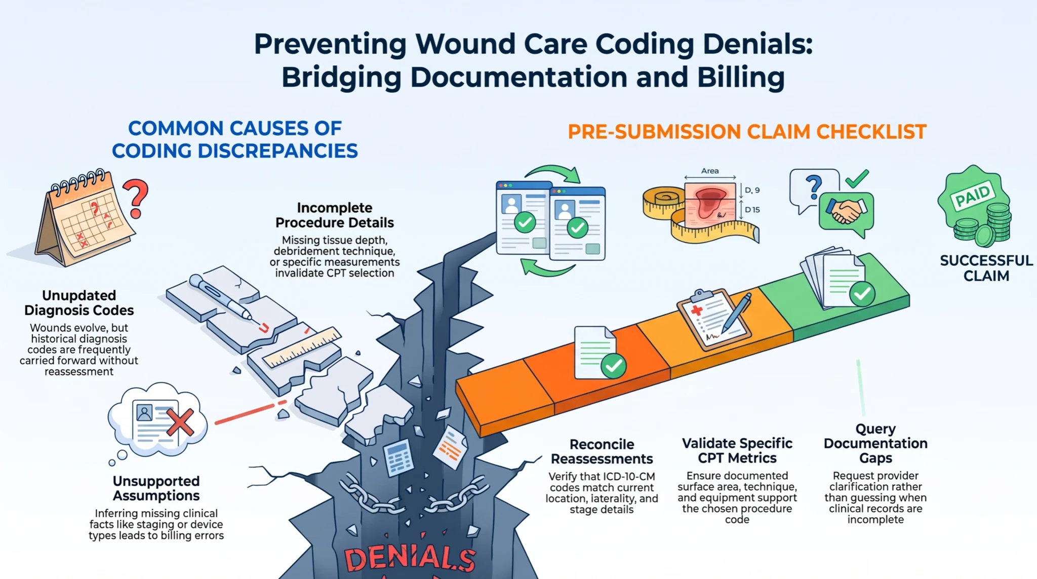 Common wound coding discrepancies and a pre-submission checklist: reconcile assessments, validate procedure details, and clarify documentation gaps. Common wound coding discrepancies and a pre-submission checklist: reconcile assessments, validate procedure details, and clarify documentation gaps.